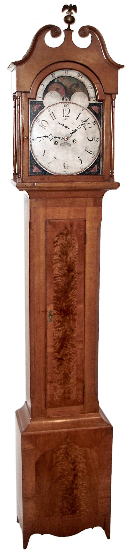 Pennsylvania "Tall Clock", 8 day, time and bell strike, weight driven movement in a cherry case with crotch cherry inlaid door and base, chamfered corners and lamb's tongue top and bottom, cutout skirt and straight bracket feet with painted iron dial attributed to Spencer Nolen, c1810 — Antique Clocks Price Guide