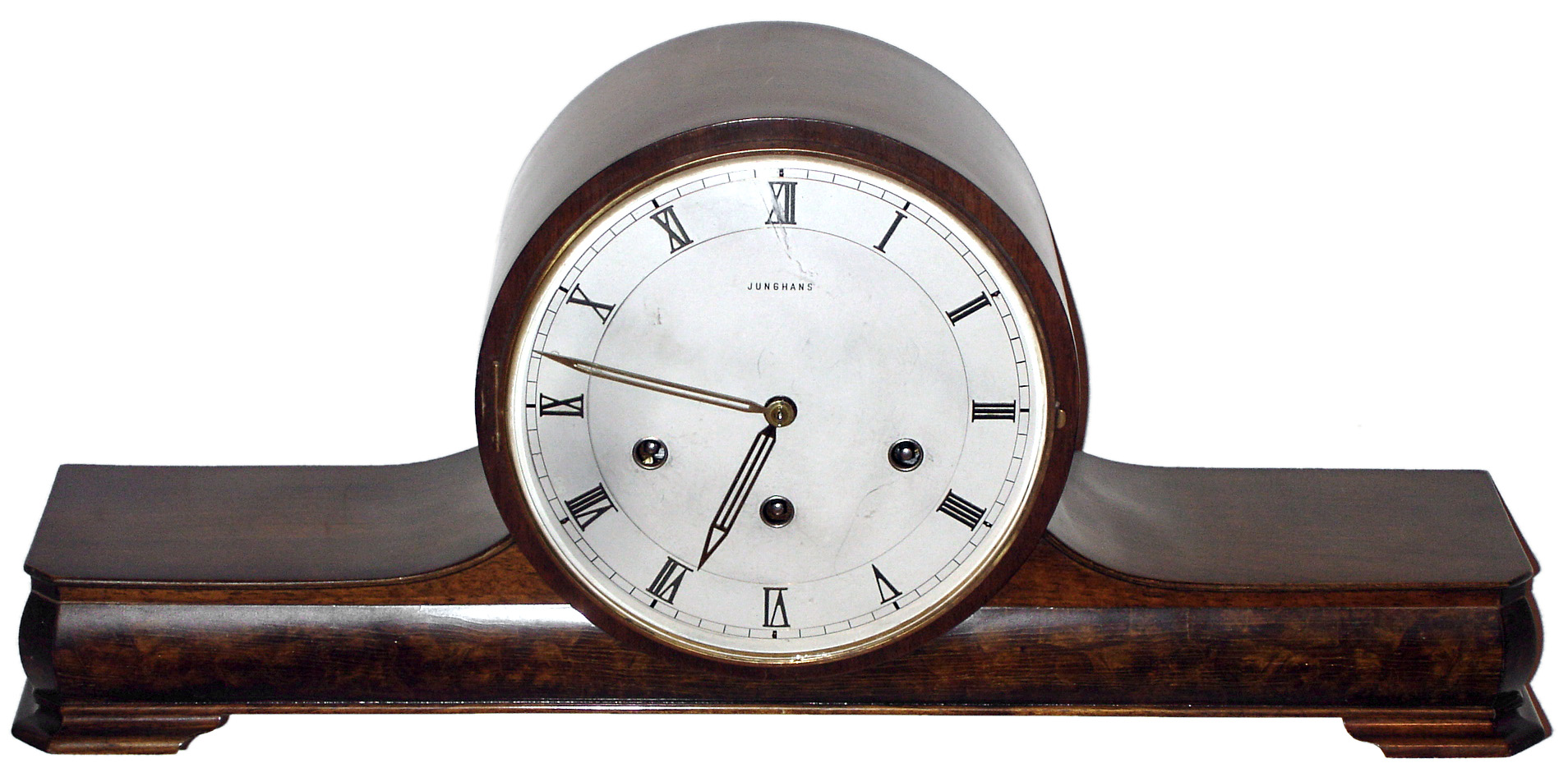 Junghans, Germany mahogany 8 day Westminster chime tambour mantel clock, 1951 — Antique Clocks Price Guide