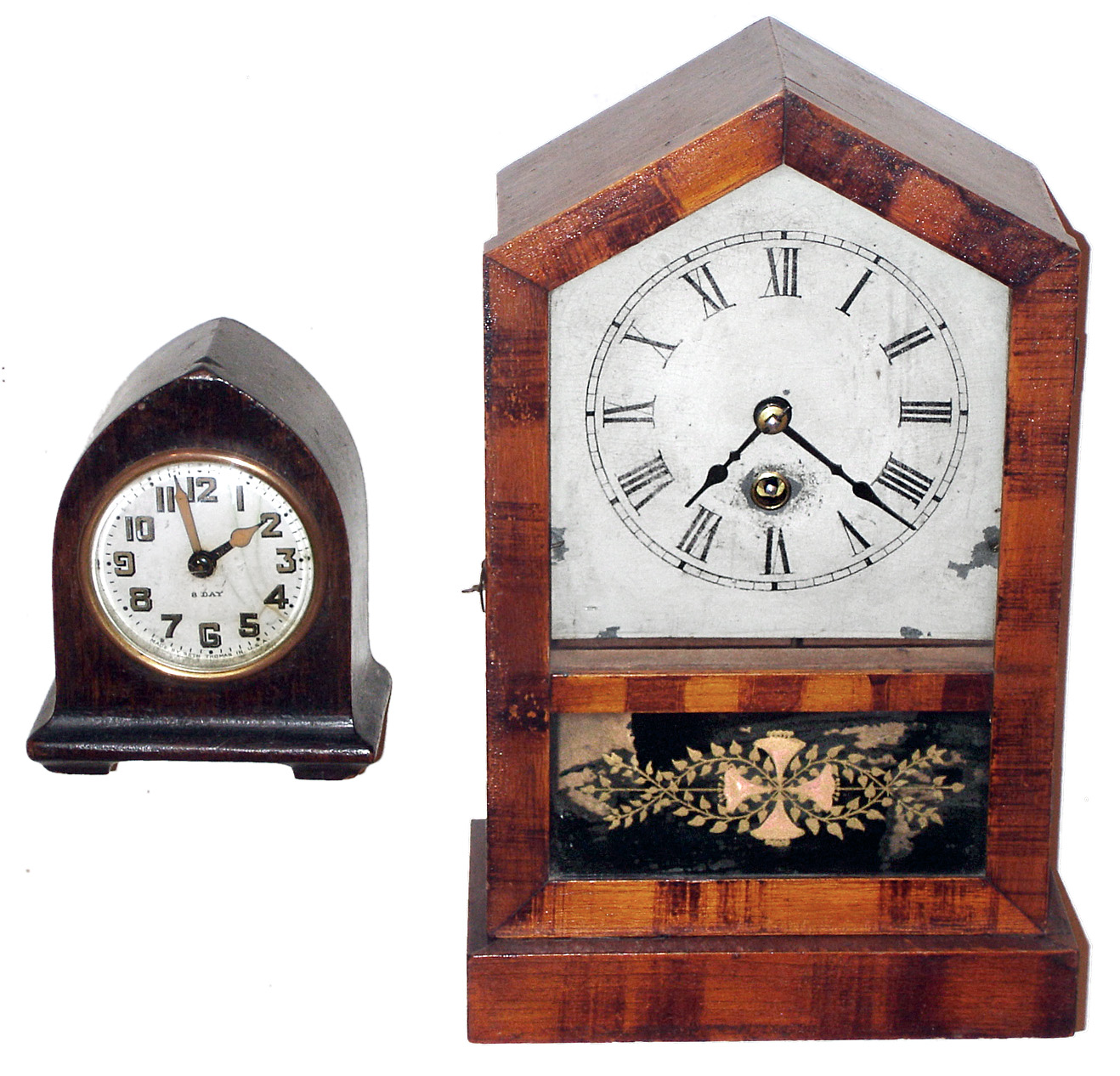 Clocks- 2 (Two) miniature Conn. wood mantel time pieces: Jerome and Co. "Rocket" 30 hour cottage clock; Seth Thomas Clock Co., Thomaston, Conn., 8 day, desk clock; late 19th century — Antique Clocks Price Guide