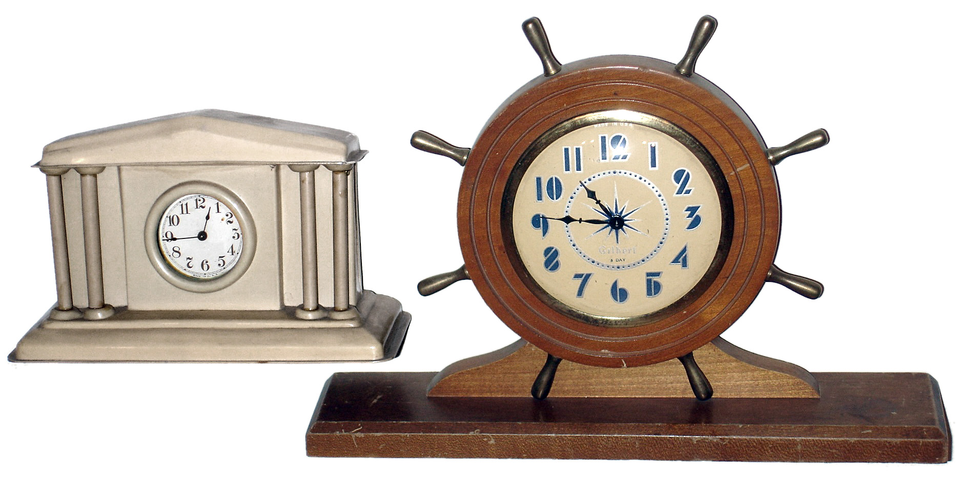 Clocks- 2 (Two) Connecticut novelty time pieces, Gilbert 8 day yacht wheel and Lux Celluloid 30 hour, early 20th century — Antique Clocks Price Guide