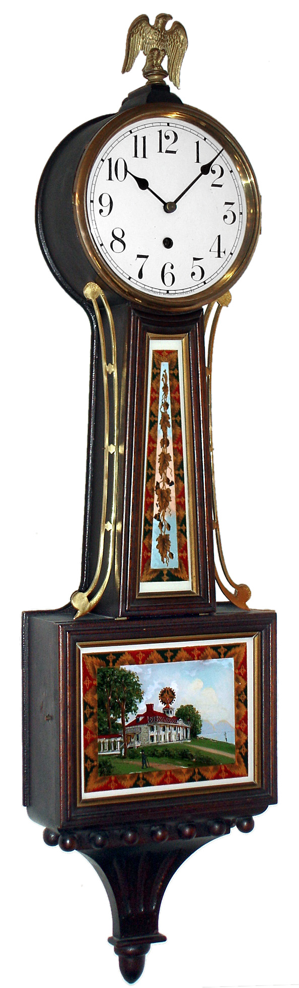 Waterbury Clock Co., Waterbury, Conn., "Willard No 1/2" mahogany and gilt 8 day weight driven banjo time piece, 1905. — Antique Clocks Price Guide