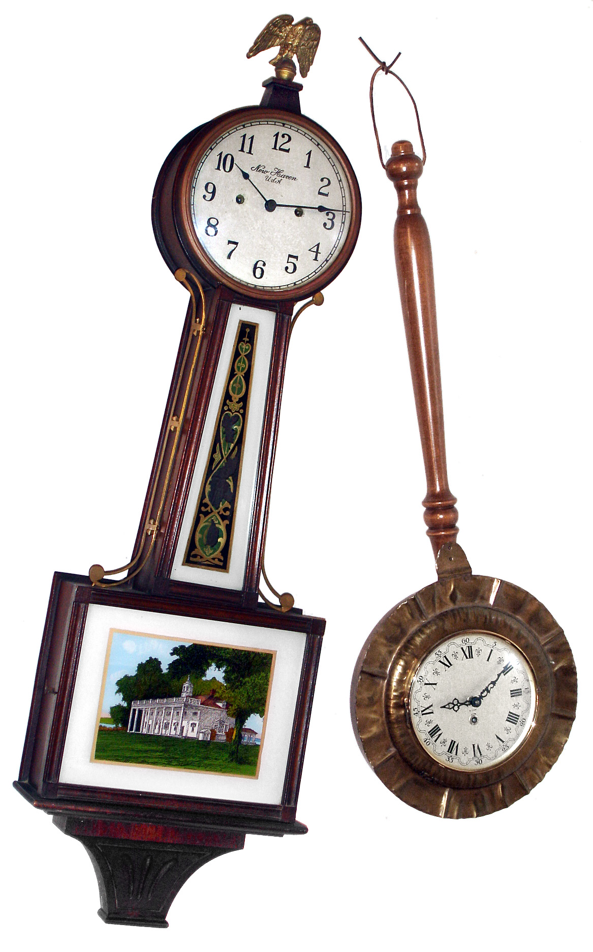 Clocks- 2 (Two): New Haven Willard mahogany 30 day time piece, c1911; French modern brass and wood hanging bed-warmer 8 day, time piece. — Antique Clocks Price Guide