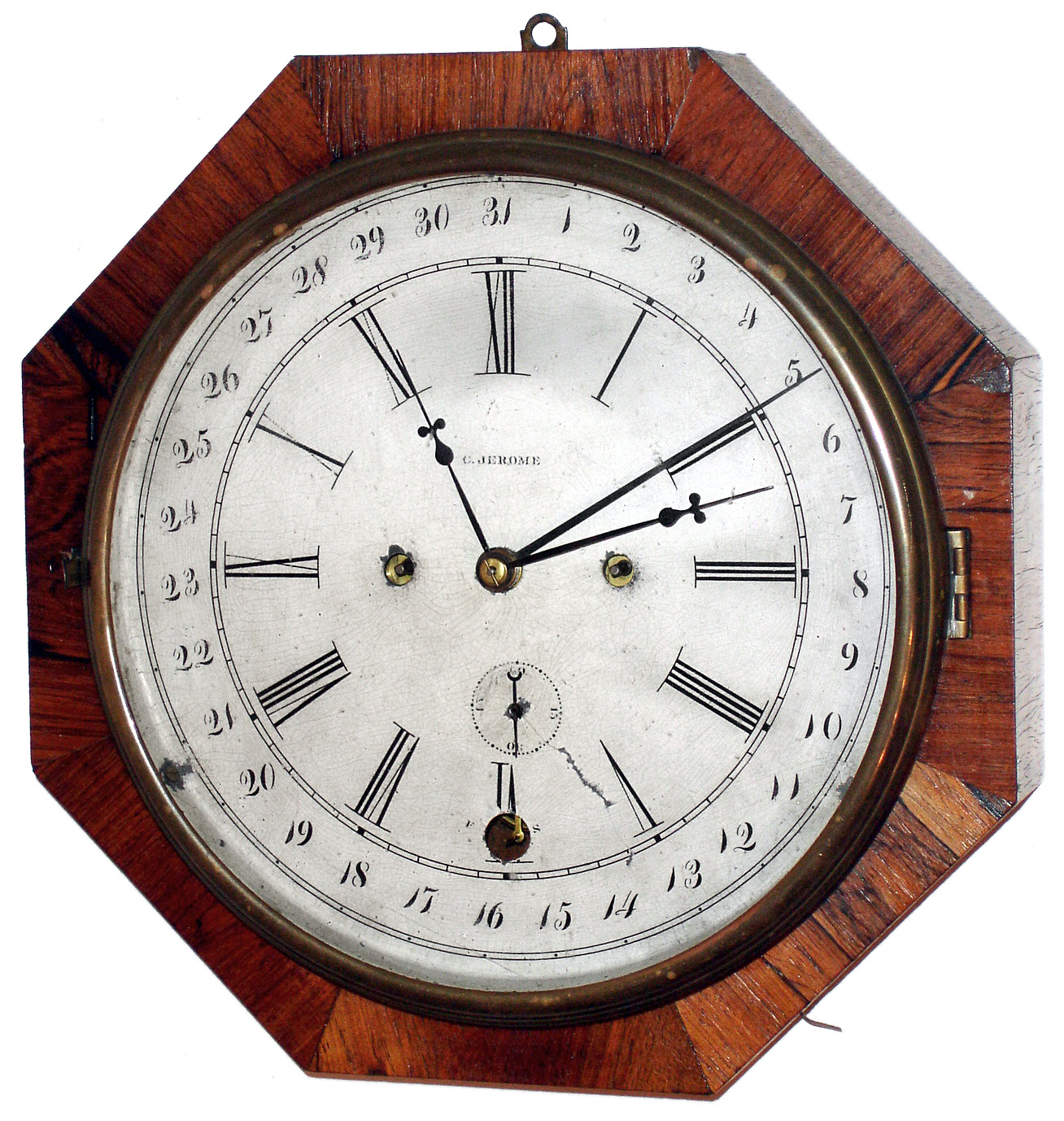 Jerome and Co., New Haven, Conn., rosewood octagon hanging , time and strike,/calendar 30 hour marine clock, c1880 — Antique Clocks Price Guide