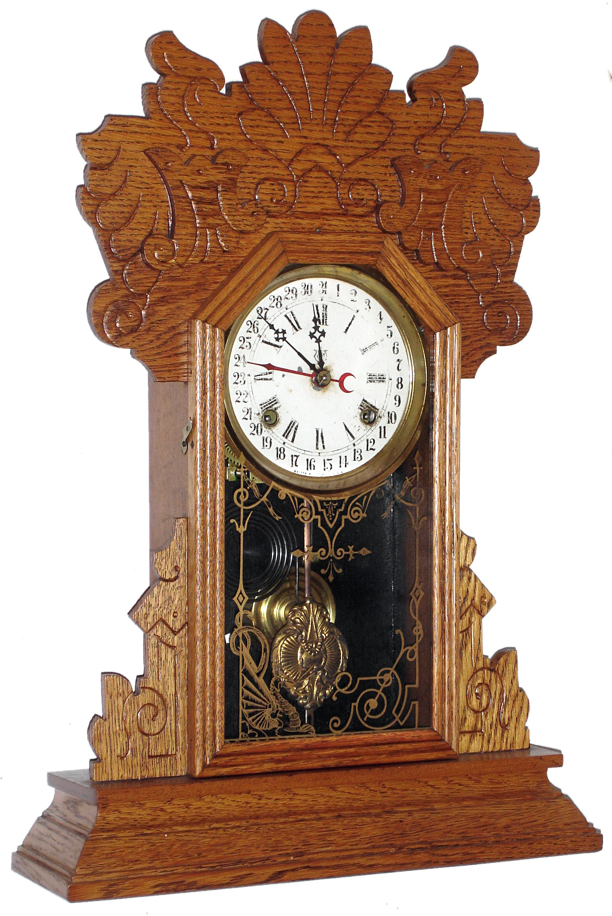 Waterbury Clock Co., Waterbury, Conn., "Niles" oak 8 day , time and strike,/calendar gingerbread clock, c1885 — Antique Clocks Price Guide