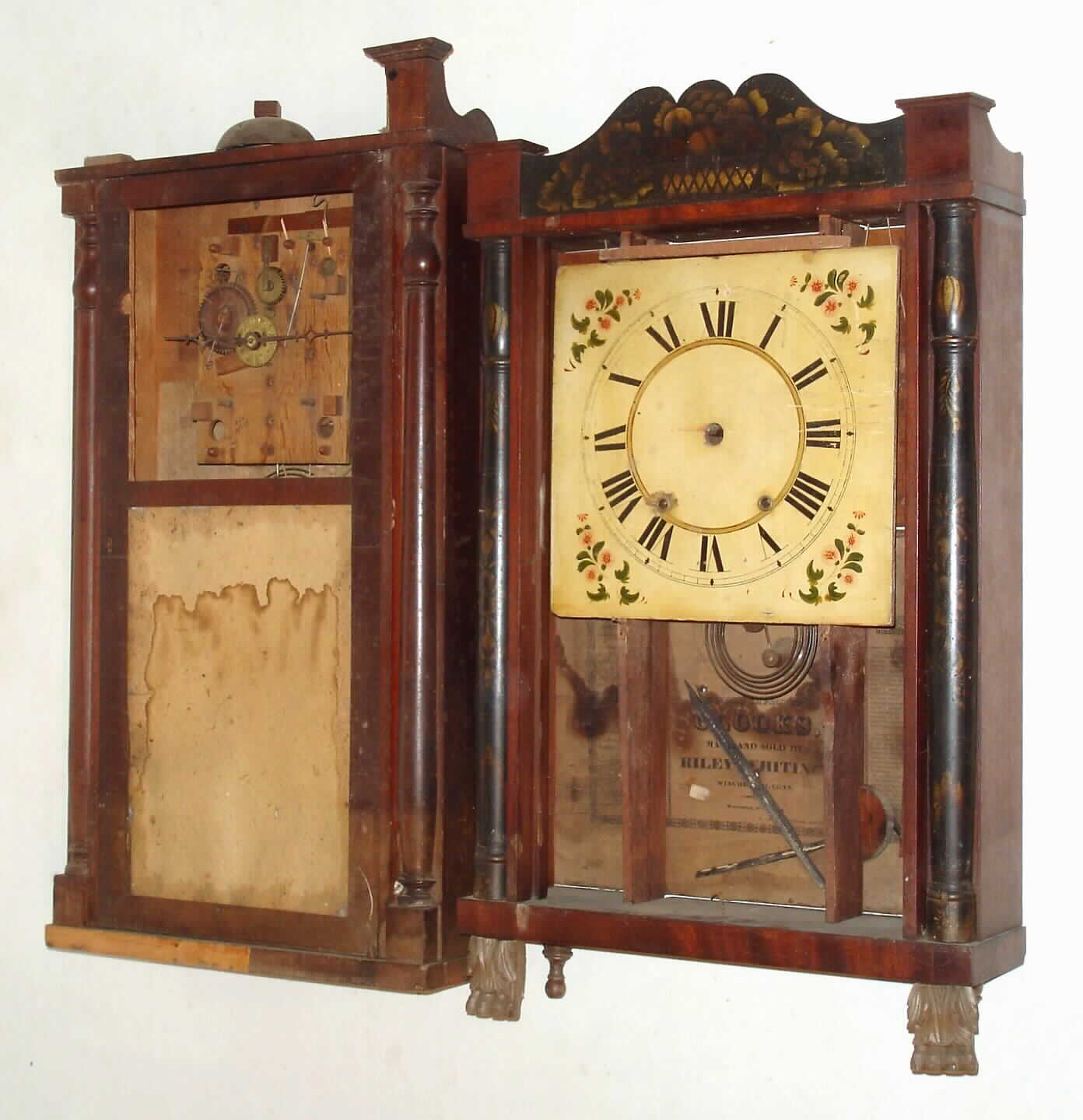 Clocks- 2 (Two): A Riley Whiting short pendulum clock with no door, Daniel Pratt, Jr. half column and splat and a Forestville Clock Co. — Antique Clocks Price Guide
