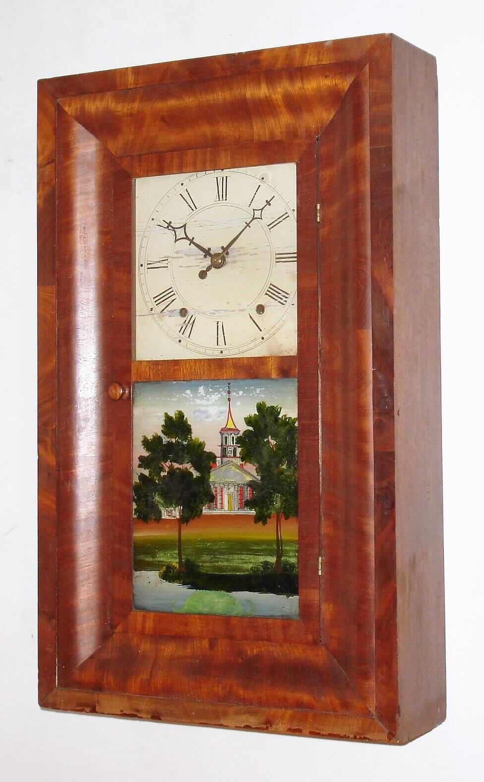 Elisha Hotchkiss, Burlington, Conn., 30 hour wood movement OG shelf clock.  It is unusual to see an OG style case with a wood movement as the bevel case was more common. c.1837 — Antique Clocks Price Guide