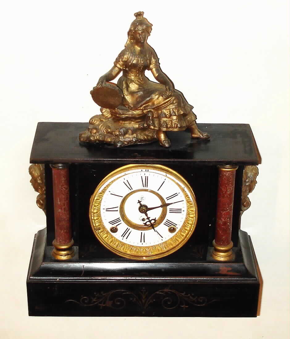 F. Kroeber Clock Co., New York, "Alexandria", 8 day, time and strike, enameled iron mantel clock, c1895. — Antique Clocks Price Guide