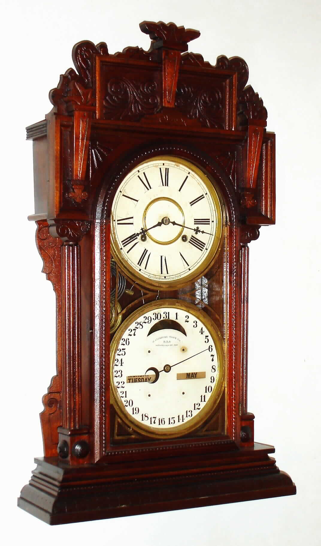 Waterbury Clock Co., Waterbury, Conn., "Calendar No. 43", 8 day, time and strike, double dial calendar clock, c1912. — Antique Clocks Price Guide