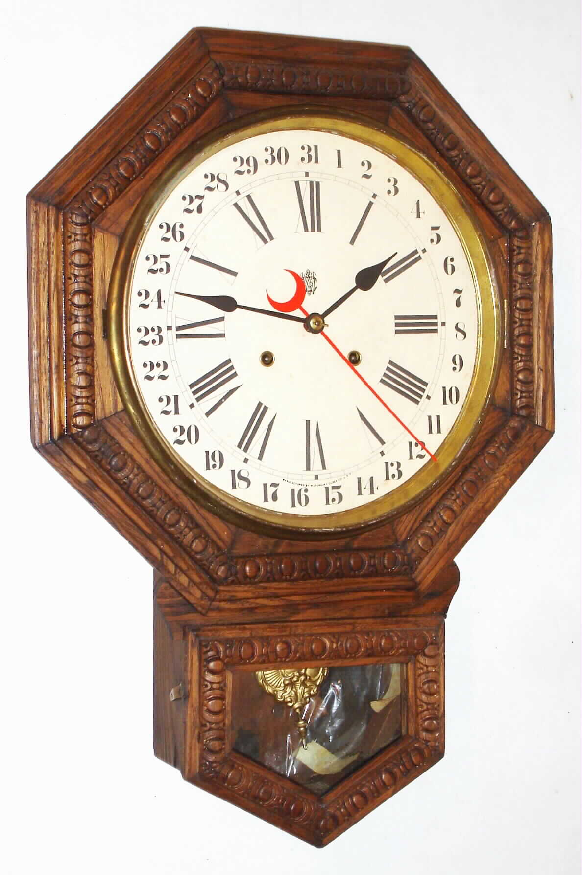 Waterbury Clock Co., Waterbury, Conn., "12 Inch Arion", 8 day, time and strike, calendar wall clock, c1906. — Antique Clocks Price Guide