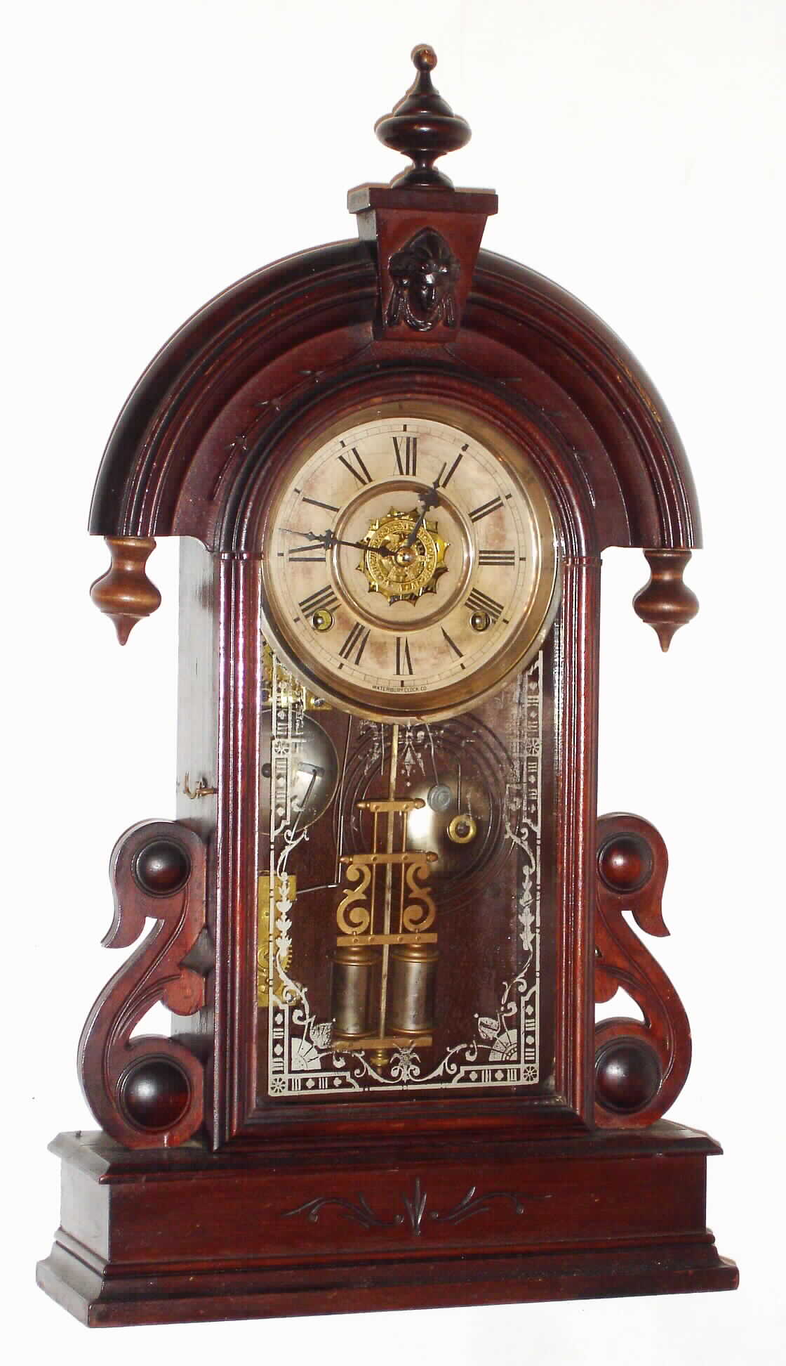 Waterbury Clock Co., Waterbury, Conn., "Paris" walnut 8 day, time, strike and alarm mantel clock, c1891 — Antique Clocks Price Guide
