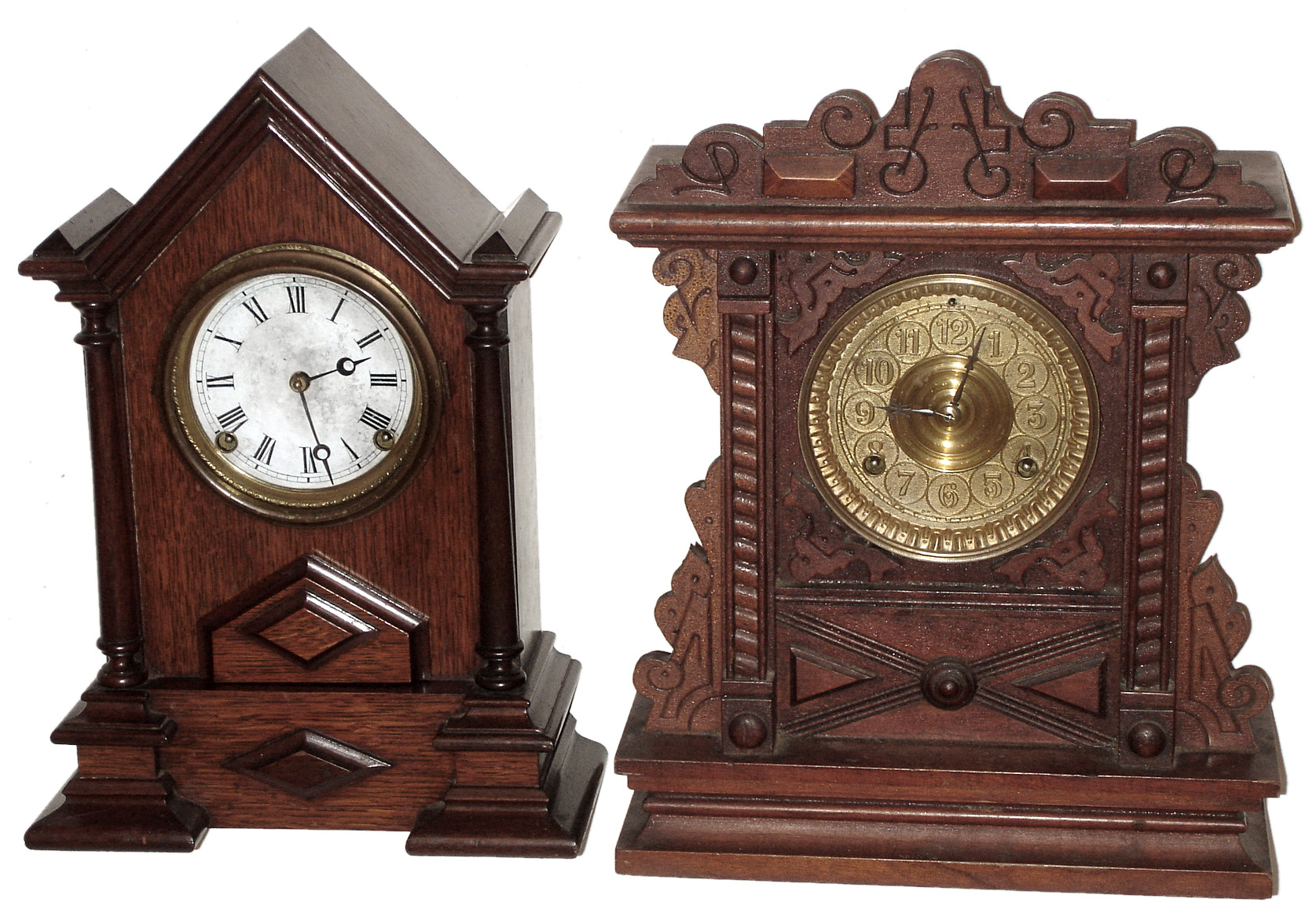 Clocks- 2 (Two) Waterbury Clock Co., Waterbury, Conn., 8 day, time and strike wood mantel clocks: black walnut variant of the "Extra Gothic Pillar", c.1865, and mahogany "Wynta", c.1894 — Antique Clocks Price Guide