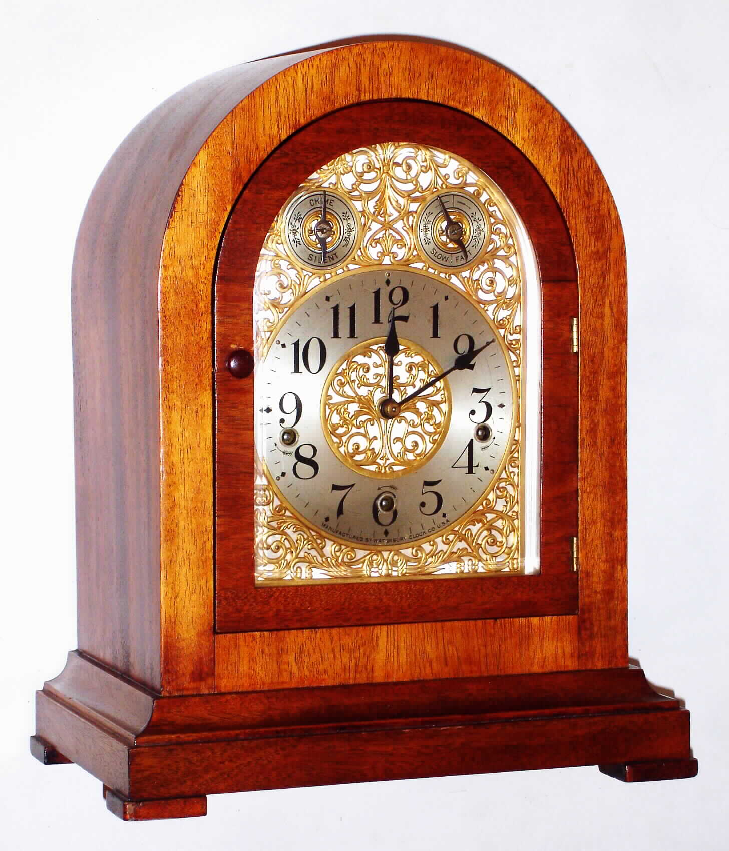 Waterbury Clock Co., Waterbury, Conn., "Chime Clock No. 503" mahogany 8 day Westminster chime mantel clock, c1915 — Antique Clocks Price Guide