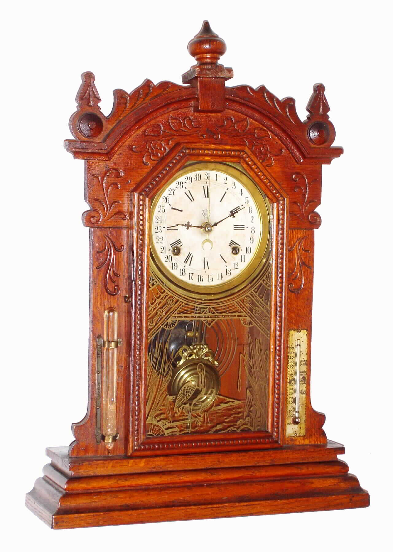 Waterbury Clock Co., Waterbury, Conn., walnut 8 day, time and strike calendar mantel clock, c1895 — Antique Clocks Price Guide