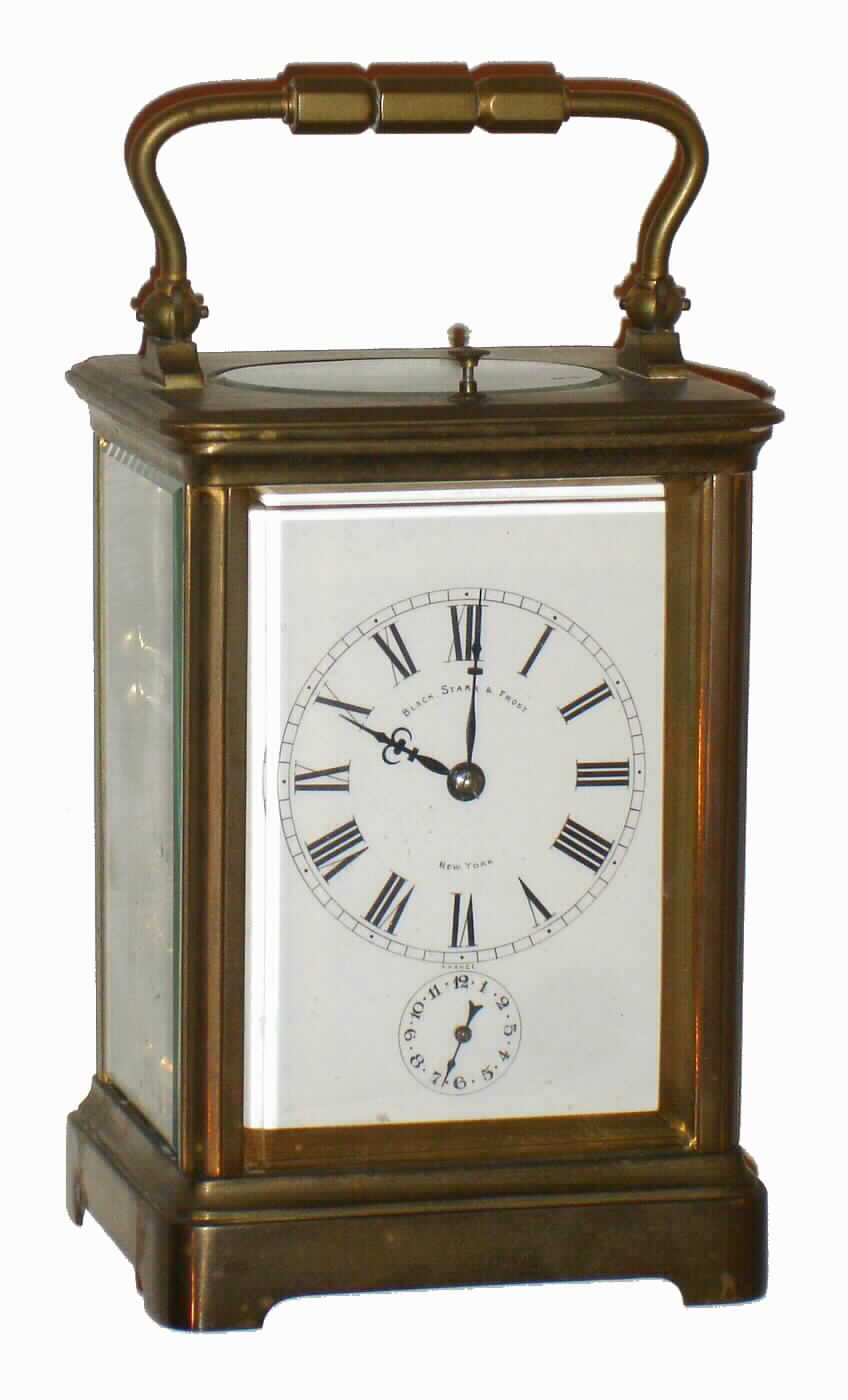 French, for Black, Starr and Frost, New York, quarter-repeating 8 day brass and glass carriage clock, c1900 — Antique Clocks Price Guide