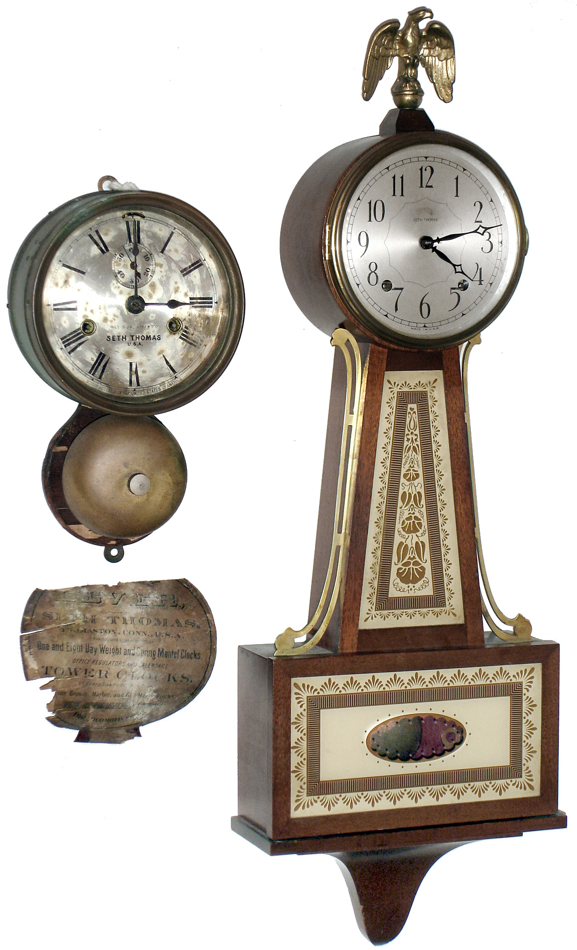 Clocks- 2 (Two) Seth Thomas hanging clocks: brass outside-bell 30 hour ship's bells; mahogany 8 day, time and strike banjo, 20th century — Antique Clocks Price Guide