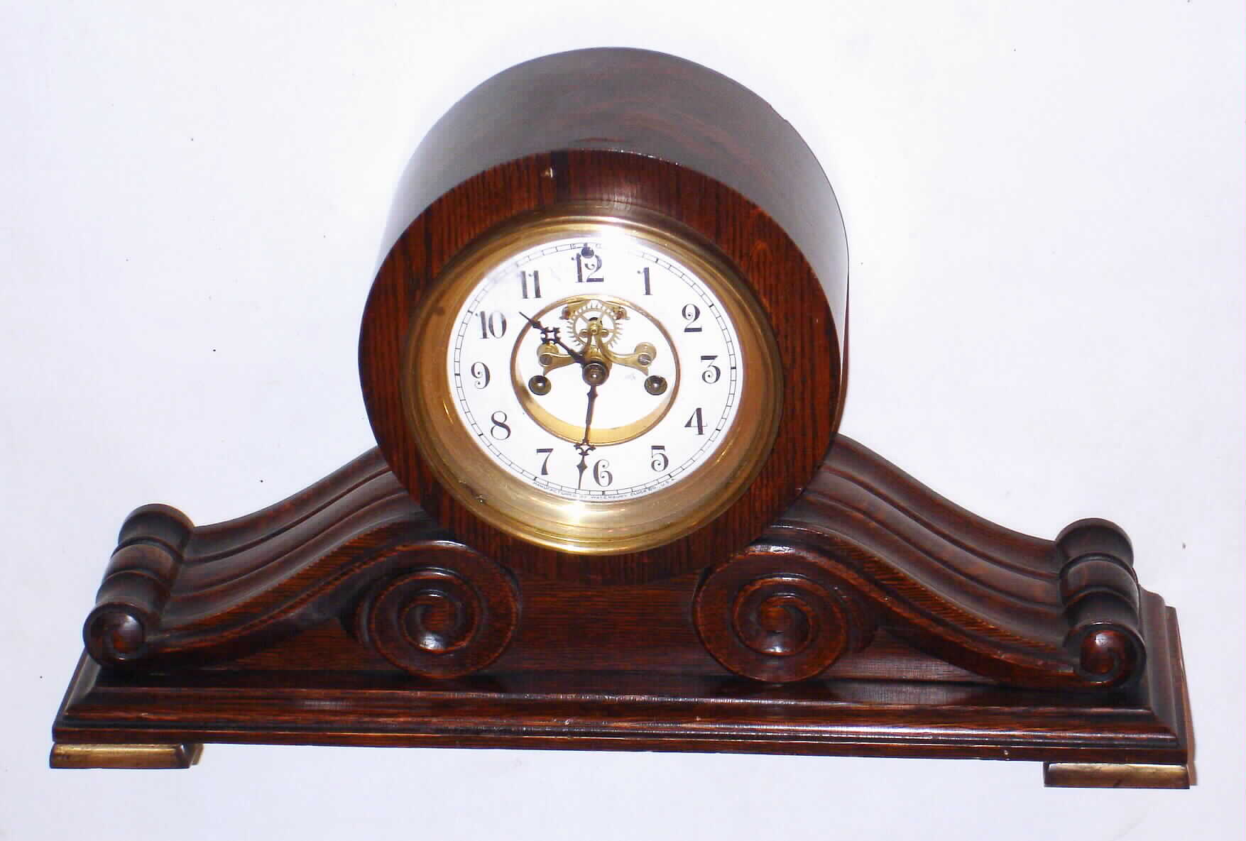 Waterbury Clock Co., Waterbury, Conn., "Kent" oak 8 day, time and strike tambour mantel clock, c1913 — Antique Clocks Price Guide