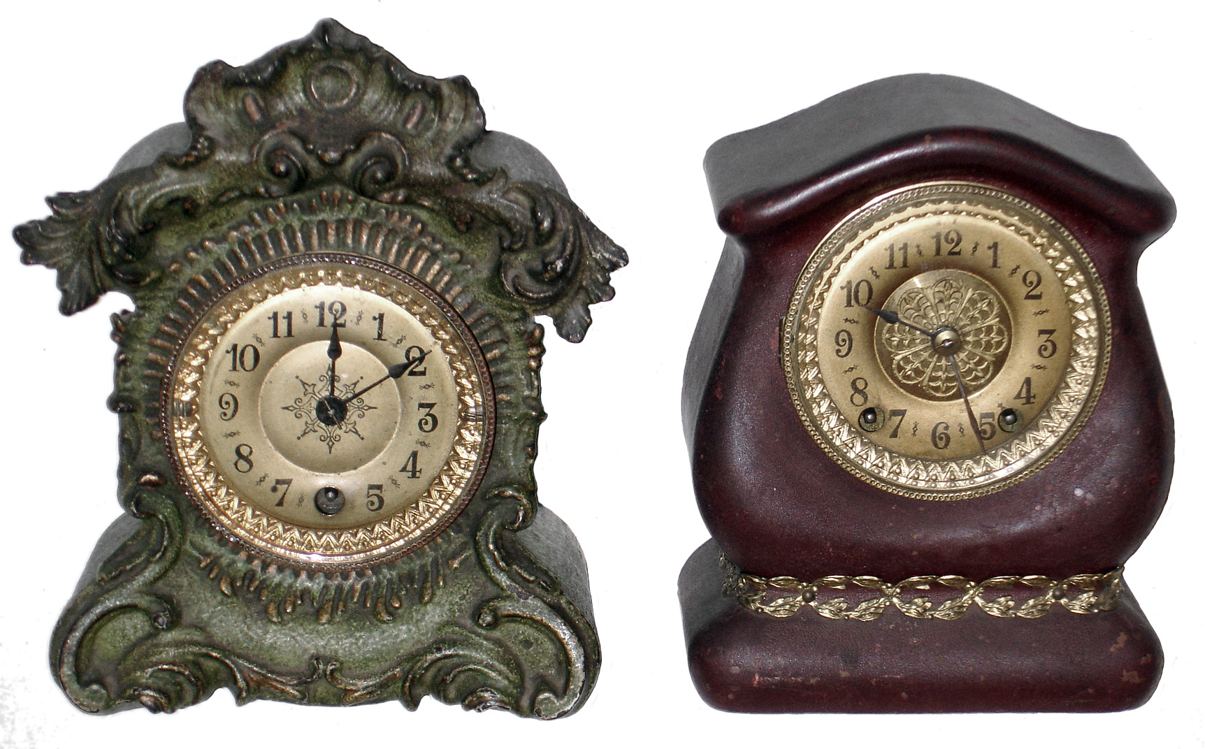 Clocks- 2 (Two) Waterbury Clock Co., Waterbury, Conn., "Pandora" and "Posy" enameled iron time and strike novelty miniature mantel clocks, c1895 — Antique Clocks Price Guide