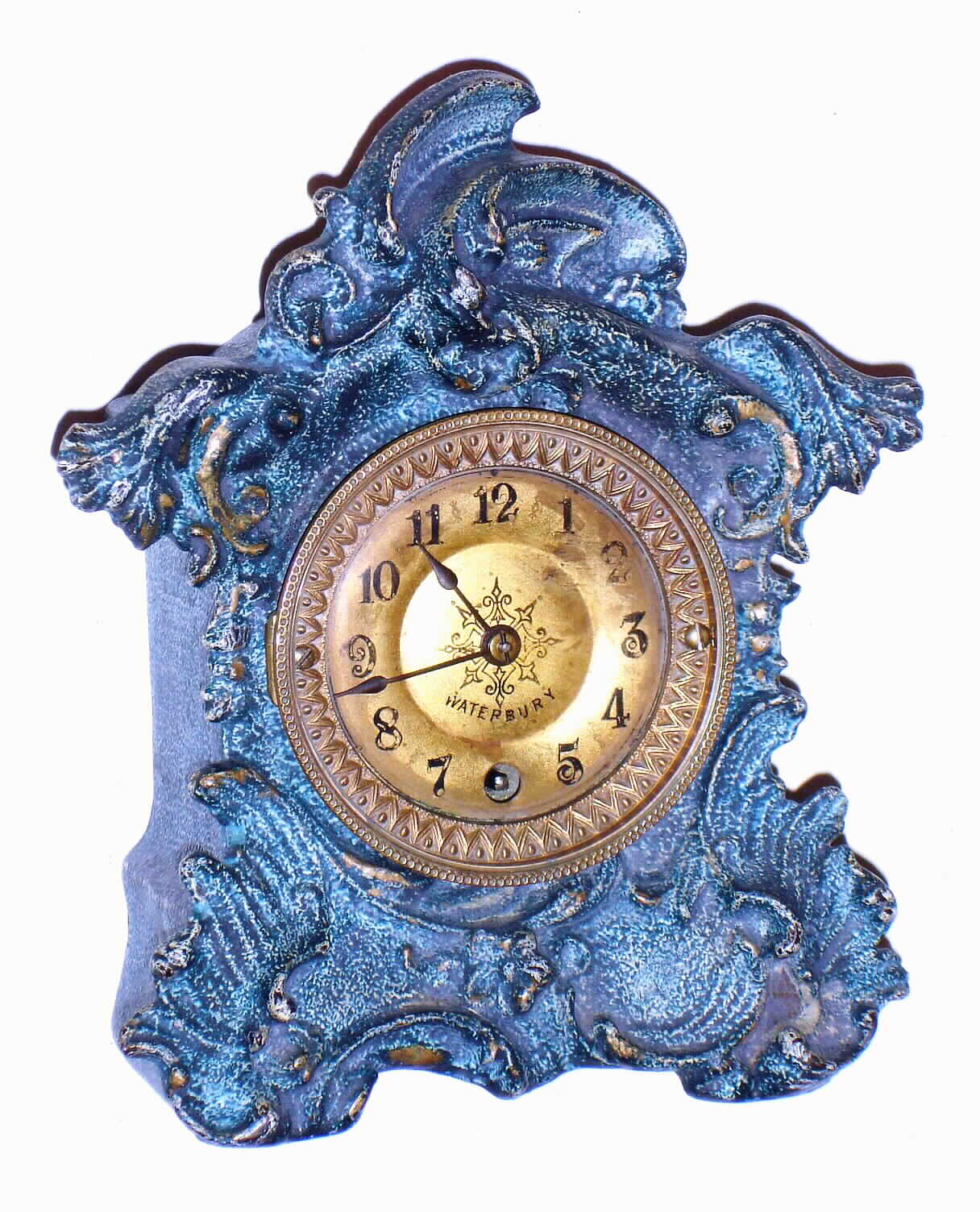 Waterbury Clock Co., Waterbury, Conn., enameled metal 30 hour time and strike miniature mantel clock, c1895 — Antique Clocks Price Guide