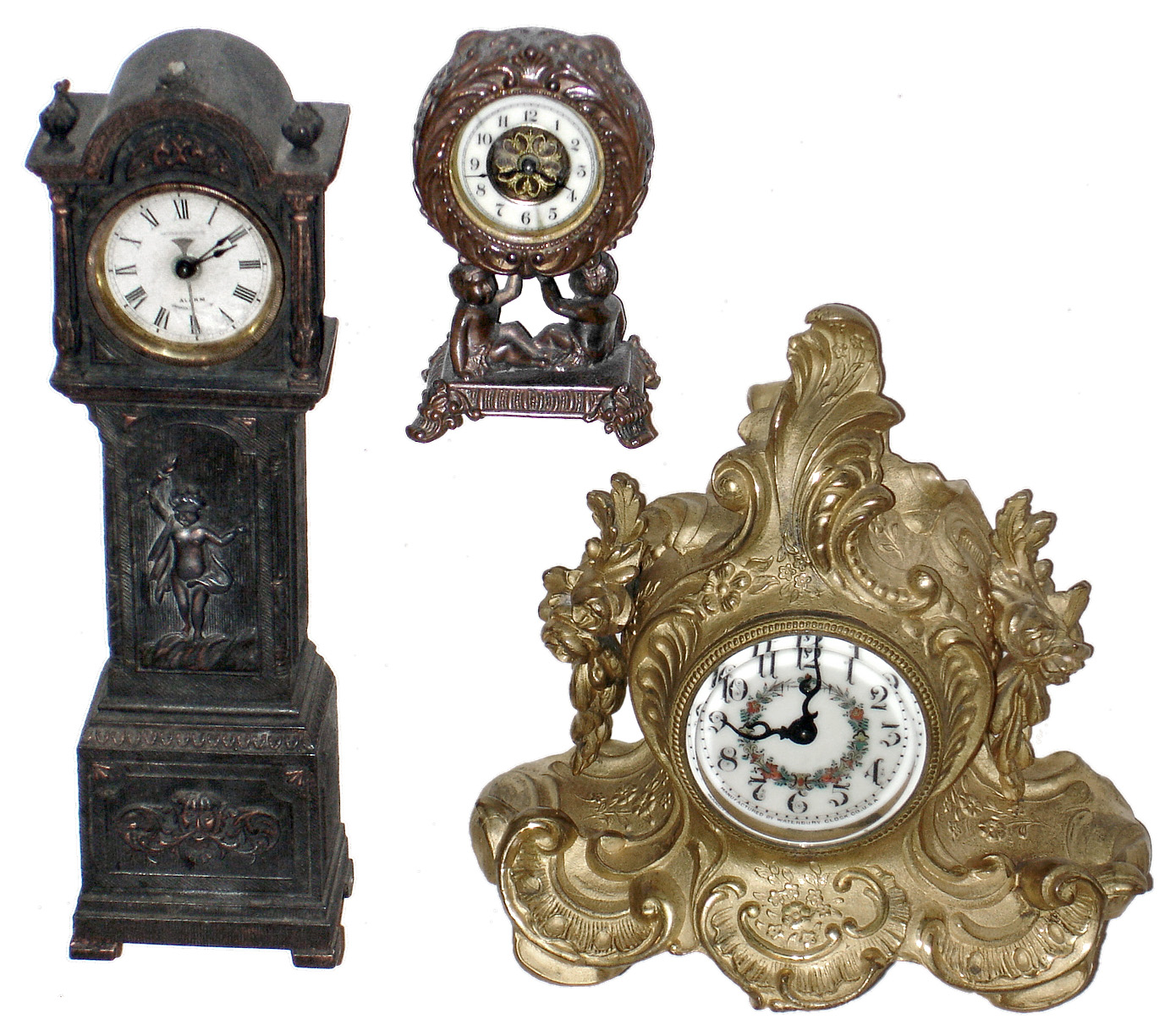 Clocks- 3 (Three) Waterbury Clock Co., Waterbury, Conn., cast metal 30 hour novelty time pieces, c1891 — Antique Clocks Price Guide