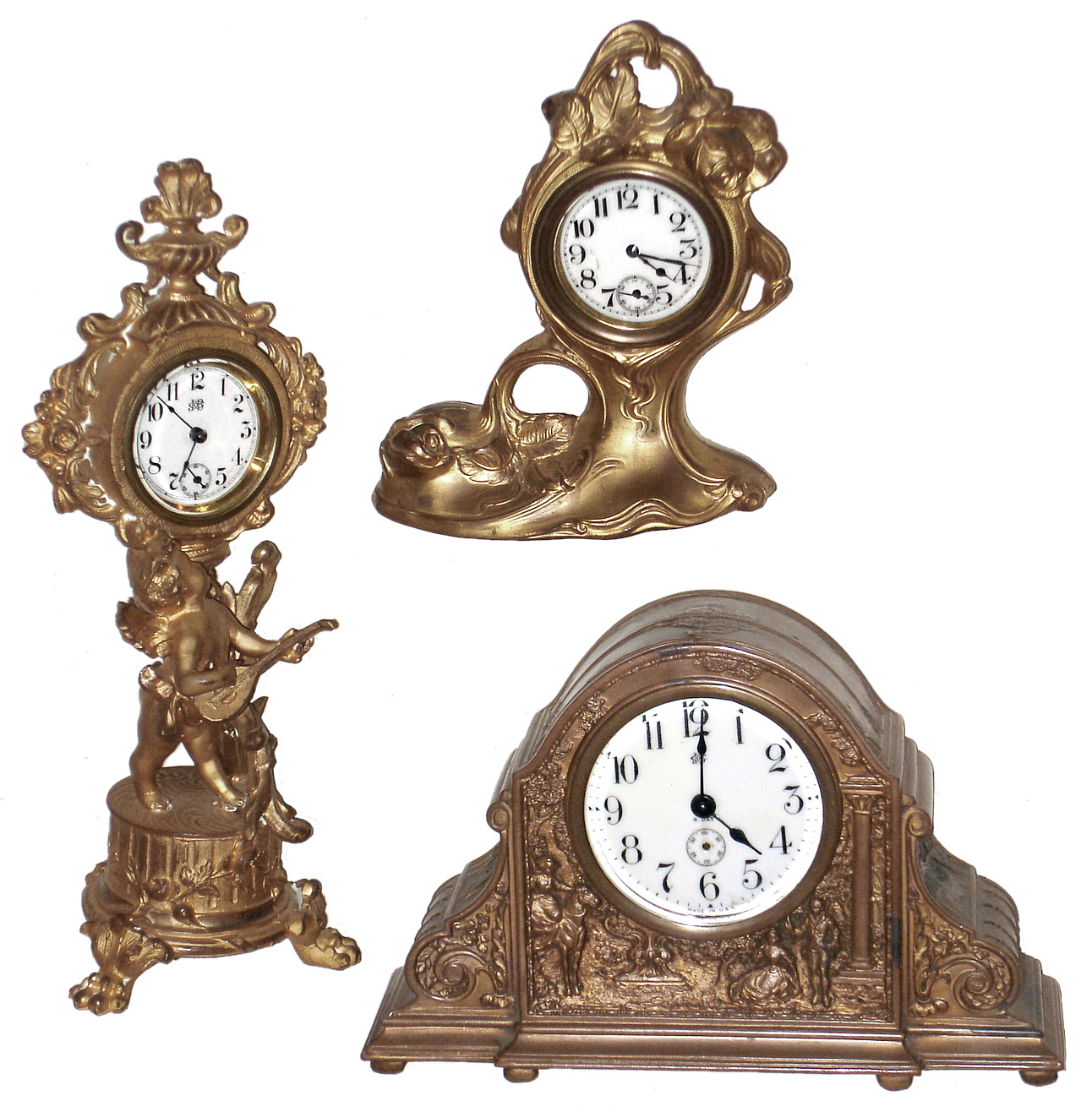 Clocks- 3 (Three) cast metal rear-wind novelty clocks; two by Jennings Bros, one unsigned, c1910 — Antique Clocks Price Guide