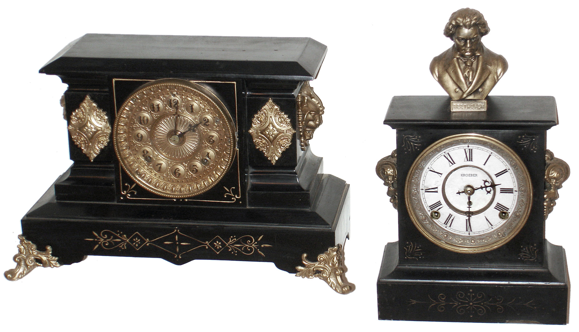 Clocks- 2 (Two) black enameled iron 8 day, time and strike mantel clocks, Ansonia and Kroeber "Benicia", c1895 — Antique Clocks Price Guide