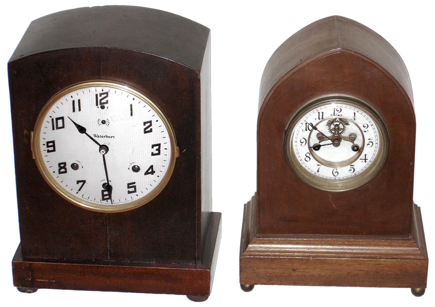 Clocks- 2 (Two)Waterbury Clock Co., Waterbury, Conn., 8 day mahogany mantel clocks: "Sussex" time and strike cabinet; "Chime Clock No. 900" Westminster chime; c1915 — Antique Clocks Price Guide