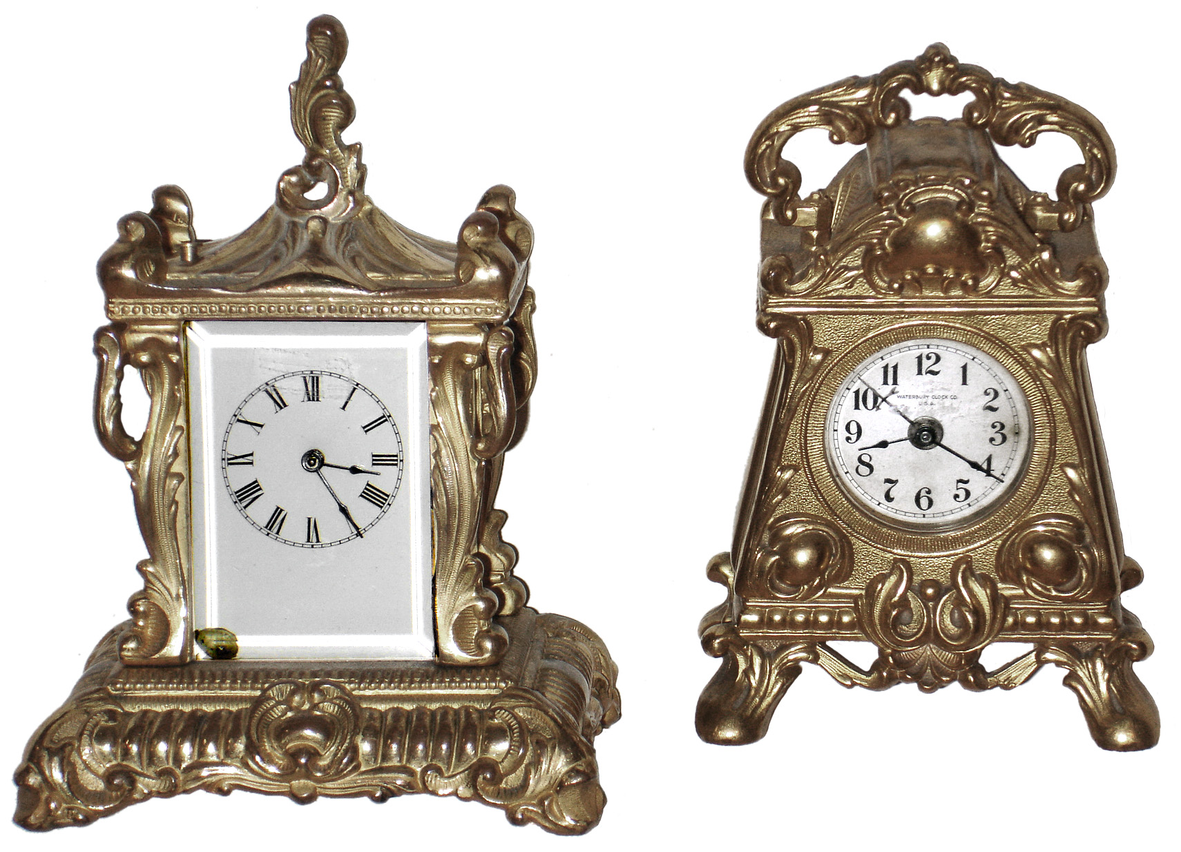 Clocks- 2 (Two) Waterbury Clock Co. gold plated fancy cast-metal carriage clocks: "Truant" 30 hour alarm; "Herald" 8 day, time, strike and repeat; c1905 — Antique Clocks Price Guide