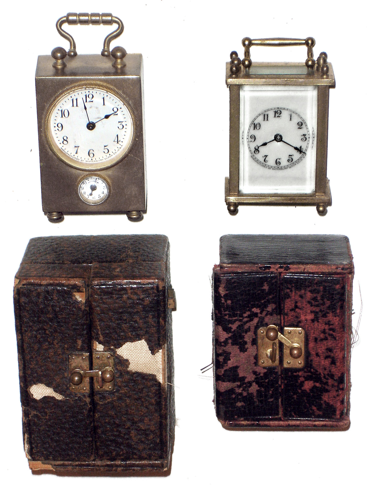 Clocks- 2 (Two) Waterbury Clock Co. miniature 30 hour gold plated carriage clocks in leather travel cases, c1909 — Antique Clocks Price Guide
