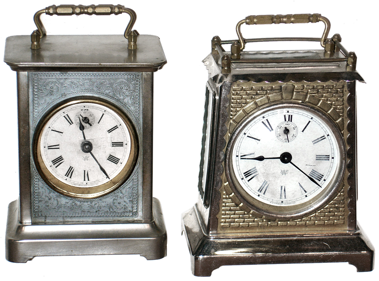 Clocks- 2 (Two) Waterbury Clock Co. nickel 30 hour time, strike and alarm carriage clocks: "Keystone" and "Guide", c1891 — Antique Clocks Price Guide