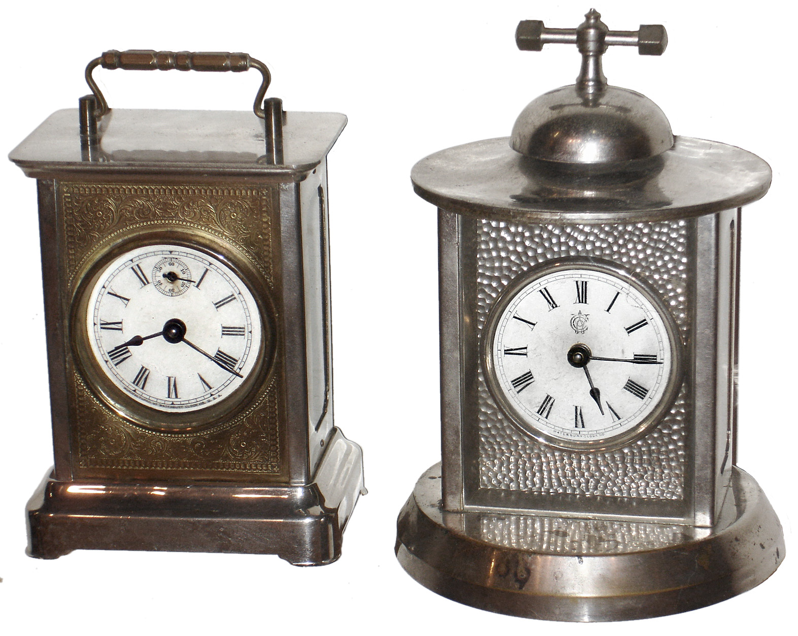 Clocks- 2 (Two) Waterbury Clock Co. nickel 30 hour alarm clocks: "Guide" with strike; "Magnet" with top bell, c1890 — Antique Clocks Price Guide
