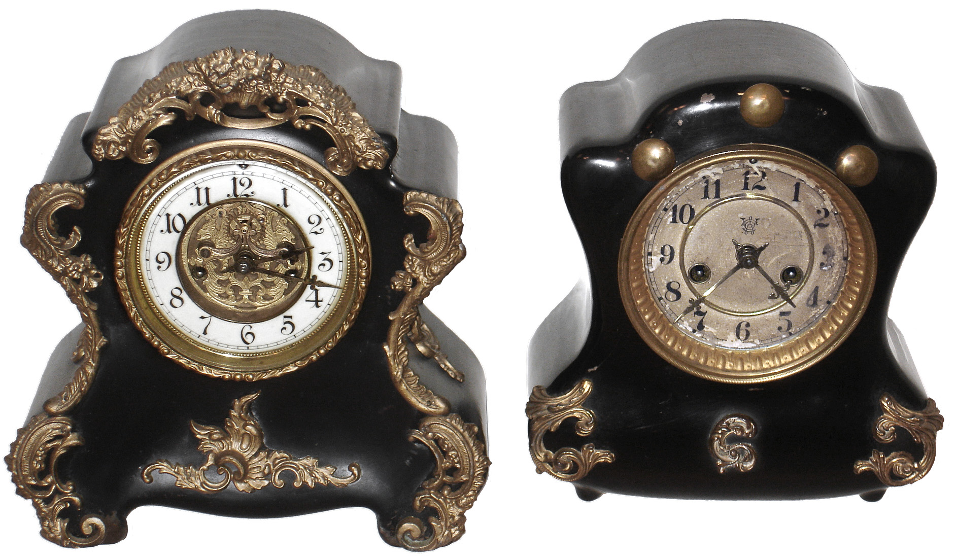 Clocks- 2 (Two) Waterbury Clock Co. black enameled iron 8 day, time and strike mantel clocks, c1895 — Antique Clocks Price Guide