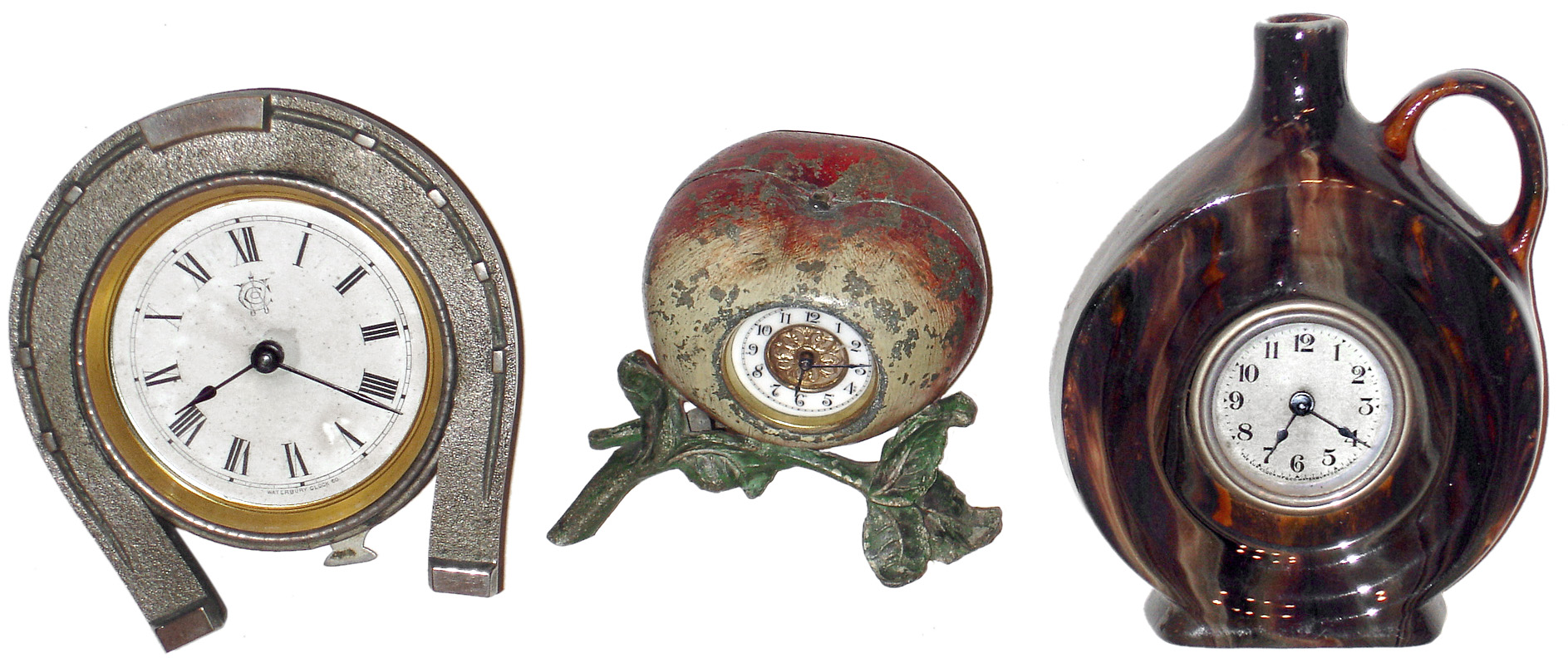 Clocks- 3 (Three) Waterbury Clock Co. 30 hour rear wind novelty time pieces: nickel "Derby", Lux "Jug" with Waterbury insert, metal novelty "Apple", c1906 — Antique Clocks Price Guide