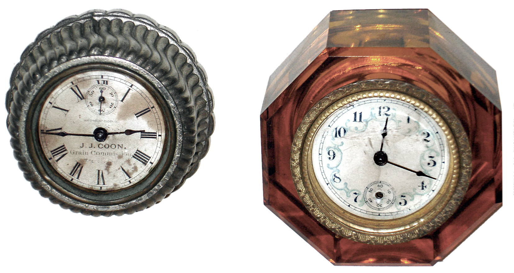 Clocks- 2 (Two) paperweight novelty 30 hour time pieces: Waterbury "Paper Weight" nickel with contract dial; Welch "The Jewel" amber cut glass; c1891 — Antique Clocks Price Guide
