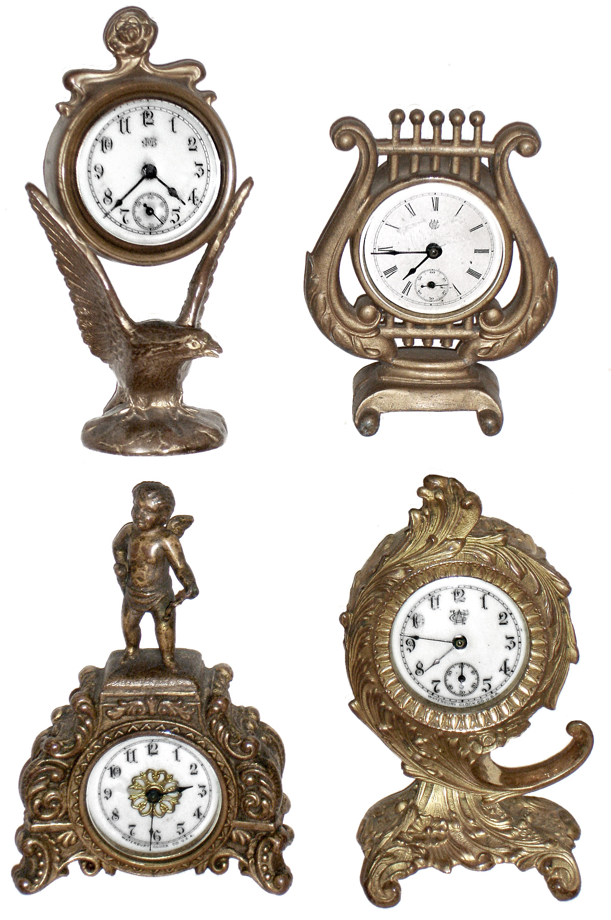 Clocks- 4 (Four) Waterbury Clock Co. 30 hour gold plated cast metal rear wind novelty time pieces: "Carom", "Palm", "Lyre", and an eagle, c1906 — Antique Clocks Price Guide