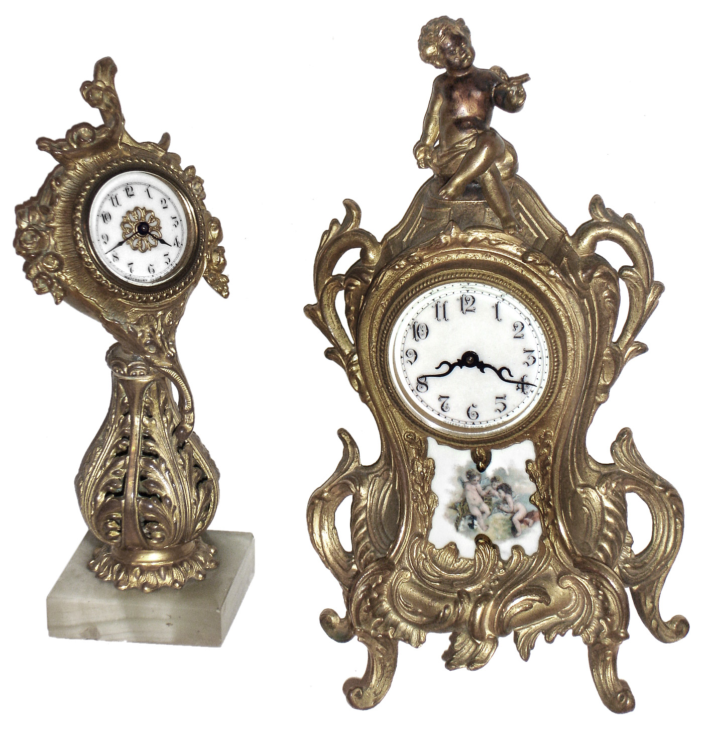 Clocks- 2 (Two) Waterbury Clock Co. gold plated cast metal 30 hour rear wind novelty mantel clocks: "Ino" and marble base, c1906 — Antique Clocks Price Guide