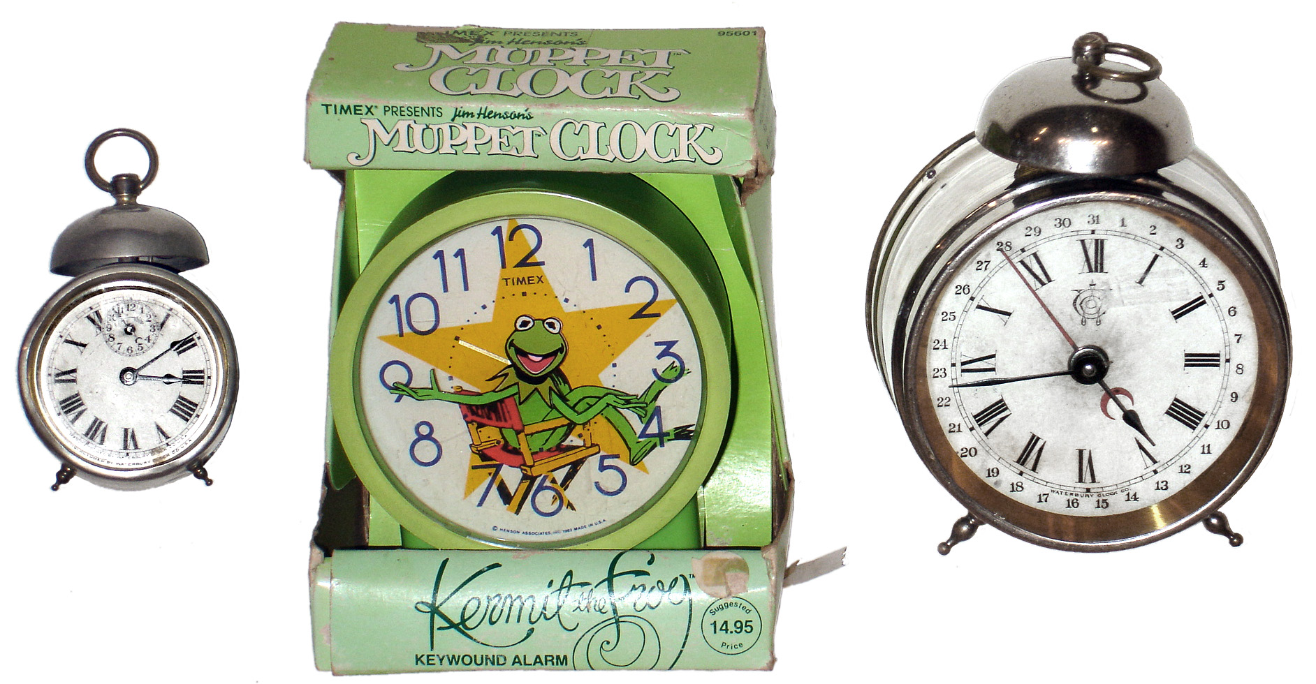 Clocks- 3 (Three) Waterbury and Timex 30 hour alarm clocks: "Drone" nickel c1910, "Kremlin" nickel calendar c1891, and modern Kermit in display box. — Antique Clocks Price Guide