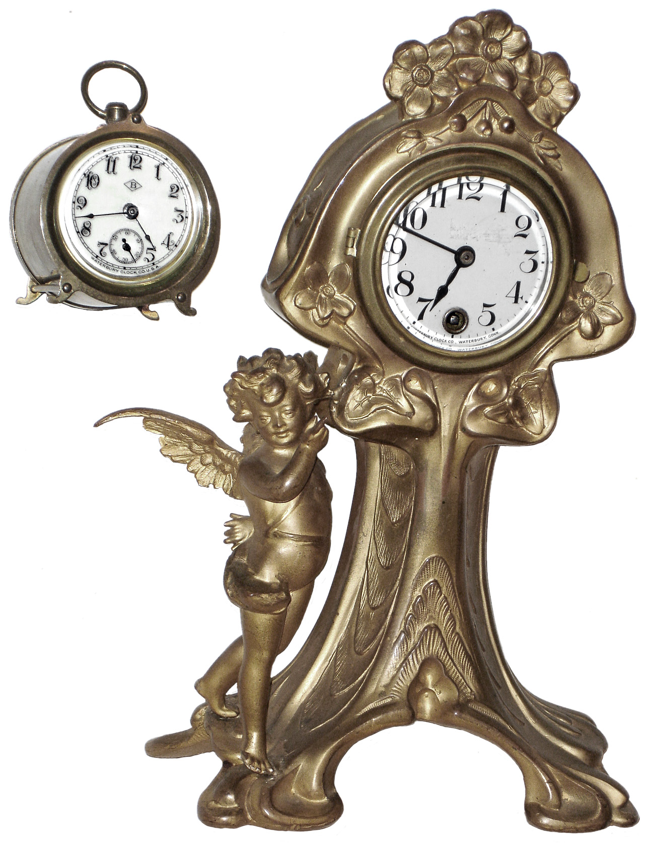 Clocks- 2 (Two) Waterbury Clock Co., Waterbury, Conn., 8 day novelty time pieces: "Fang" brass drum, gold-plated figural, c1900 — Antique Clocks Price Guide