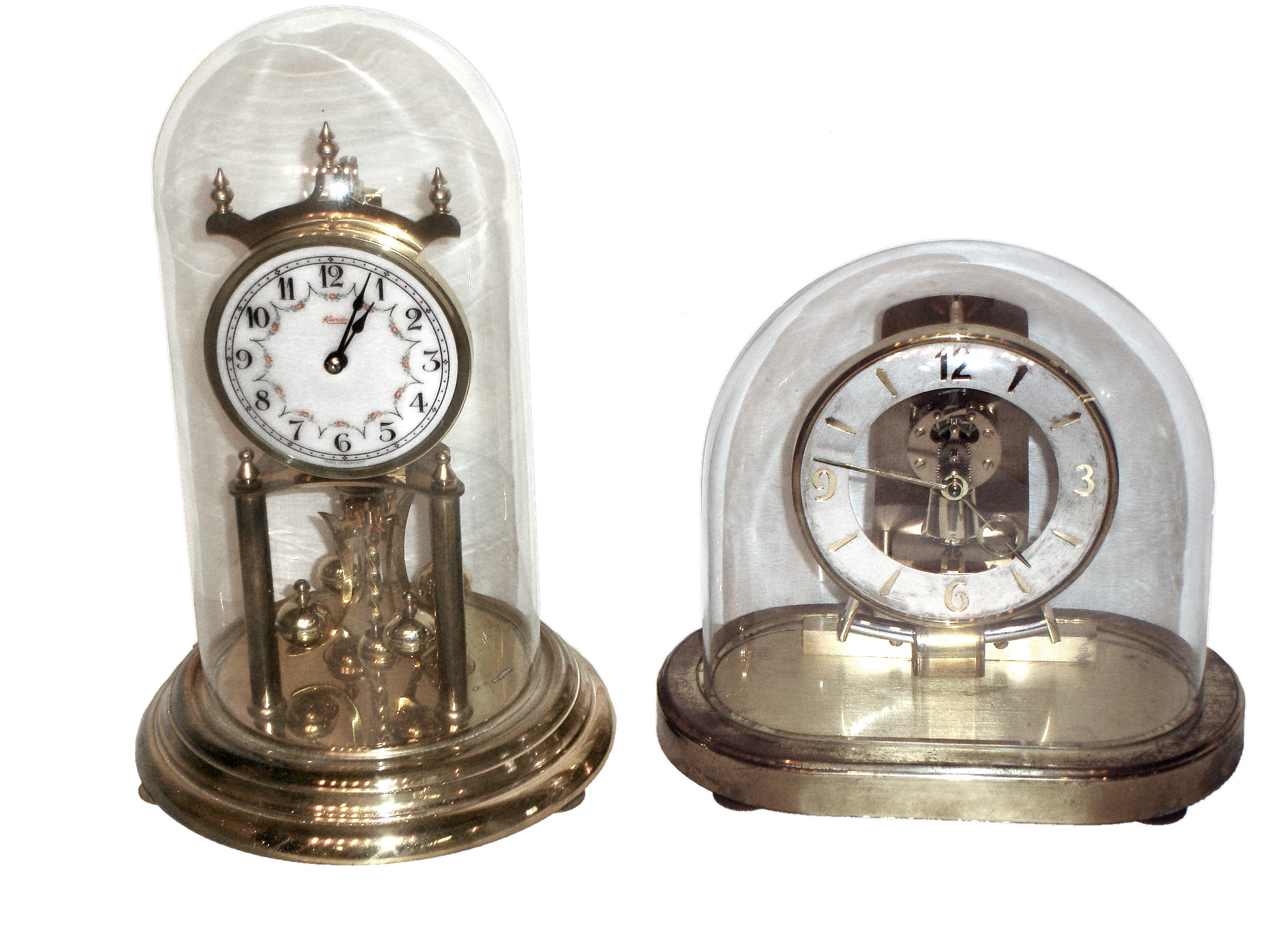Clocks- 2 (Two) Kundo German brass clocks under glass domes: 400 day and electronic, mid 20th century — Antique Clocks Price Guide