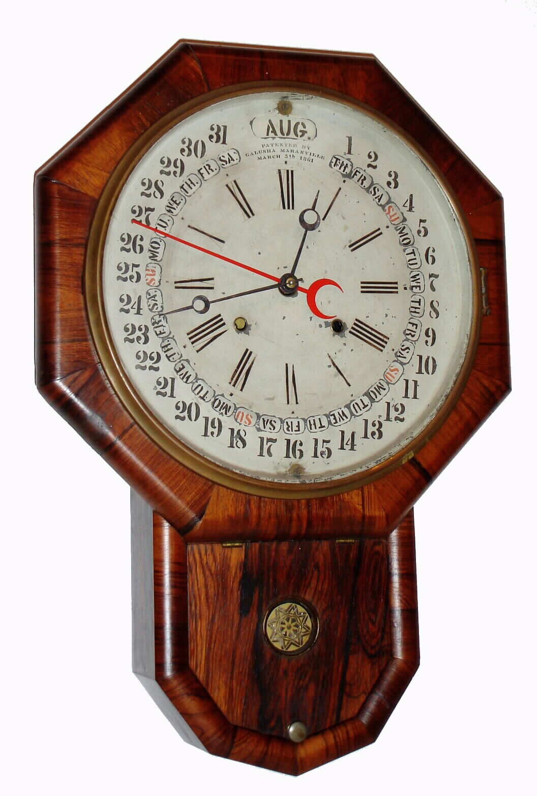 Gilbert Clock Co, Winsted, Conn., calendar clock, time and strike, with Galusha Maranville patent metal disc dial showing month above 12 and date and days of the week around the circumference, the month and days changed by turning a stud with the clock key. — Antique Clocks Price Guide