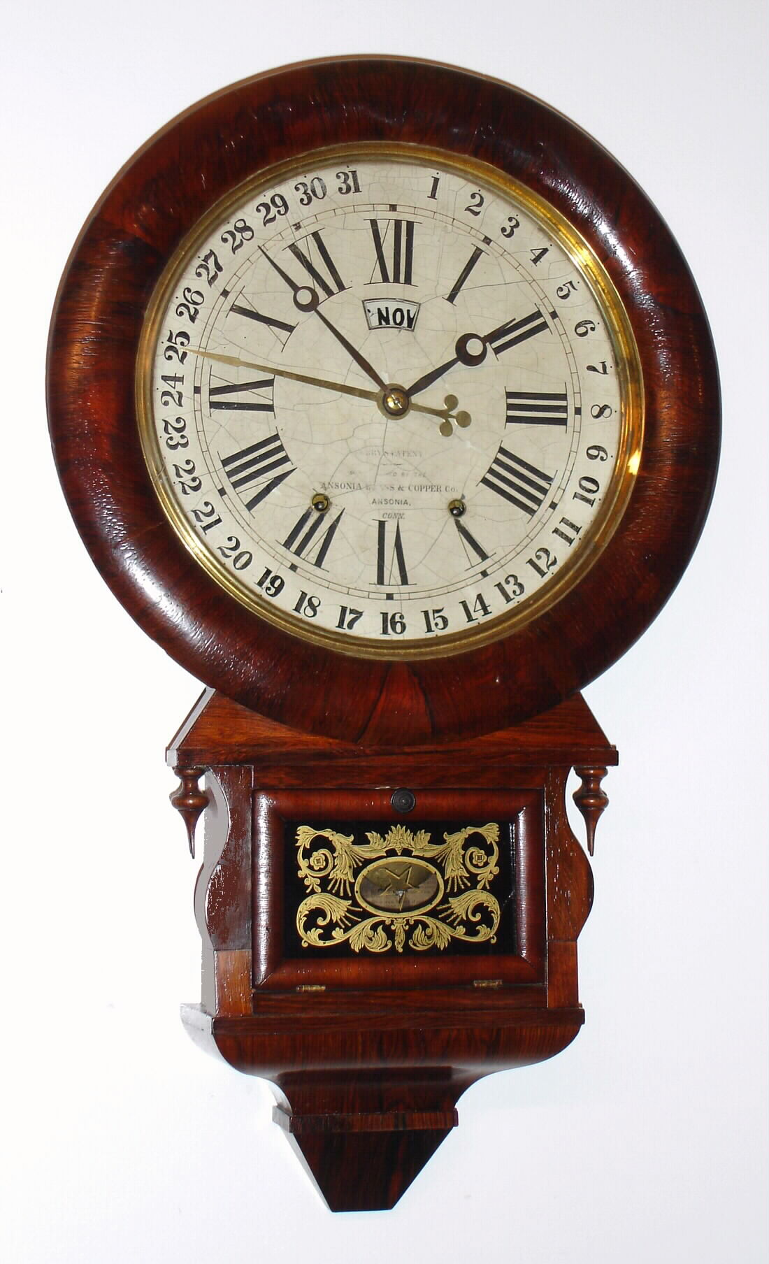 Ansonia Brass and Copper Co., "DROP EXTRA", Calendar, with Wm. A. Terry patent calendar, c1871 — Antique Clocks Price Guide