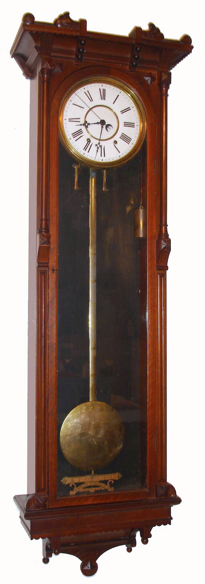 Welch, Spring and Co., Forestville, Conn, "REGULATOR No. 8", walnut case, porcelain dial, 8 day, weight time piece, with center seconds, c1880 — Antique Clocks Price Guide