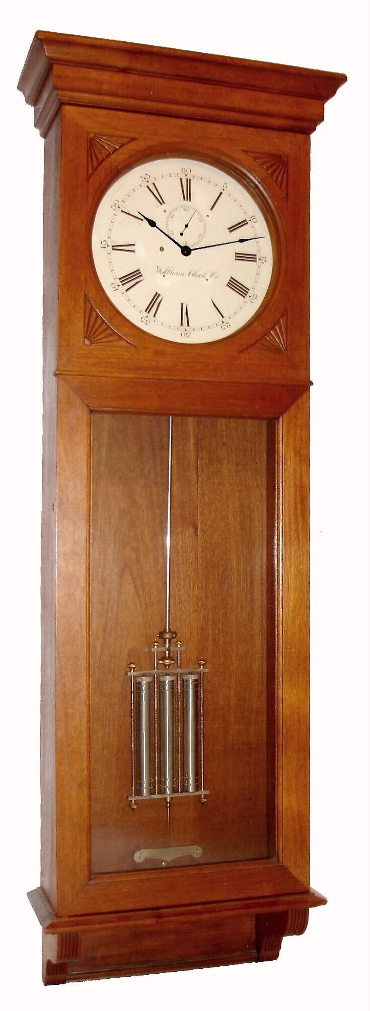 Waltham Clock Co., Waltham, Mass, "REGULATOR No. 15", in walnut, with 3- jar mercury pendulum (sealed nickel finish jars), less top crest, c1905 — Antique Clocks Price Guide