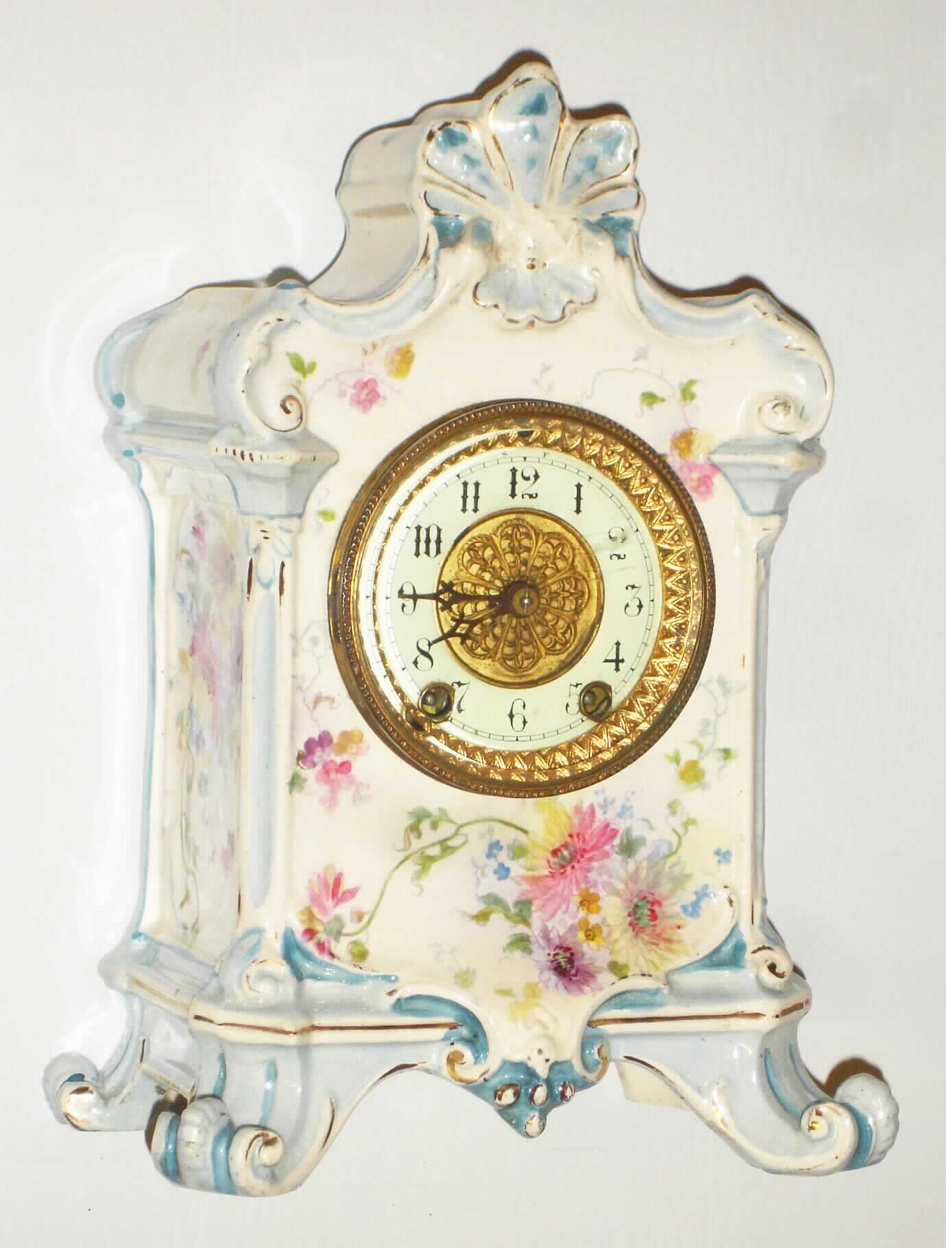 Waterbury Clock Co., Waterbury, Conn., Royal Bonn 8 day, time and strike porcelain mantel clock, c1895 — Antique Clocks Price Guide