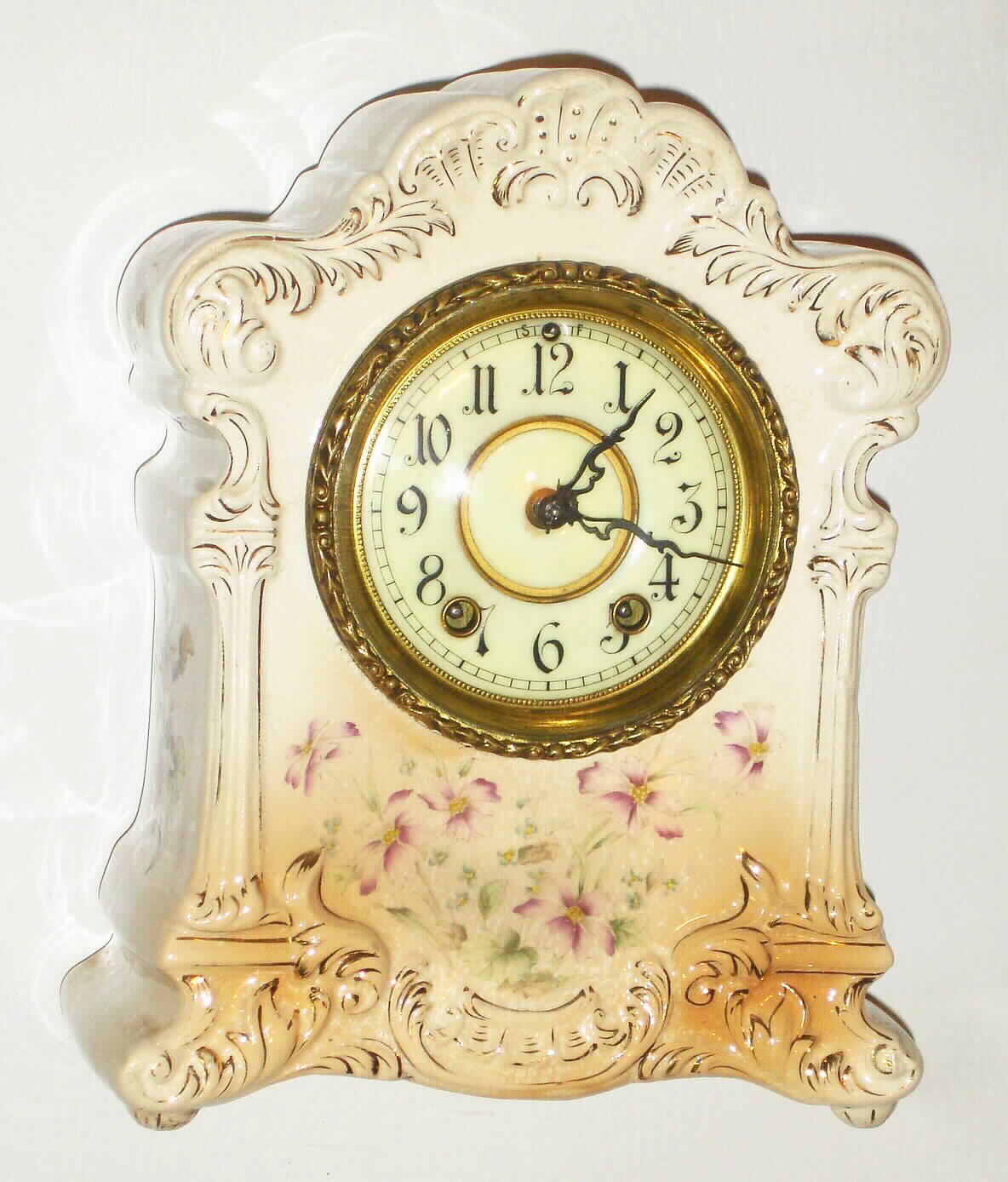 Waterbury Clock Co., Waterbury, Conn., "403" 8 day, time and strike porcelain mantel clock, c1895 — Antique Clocks Price Guide