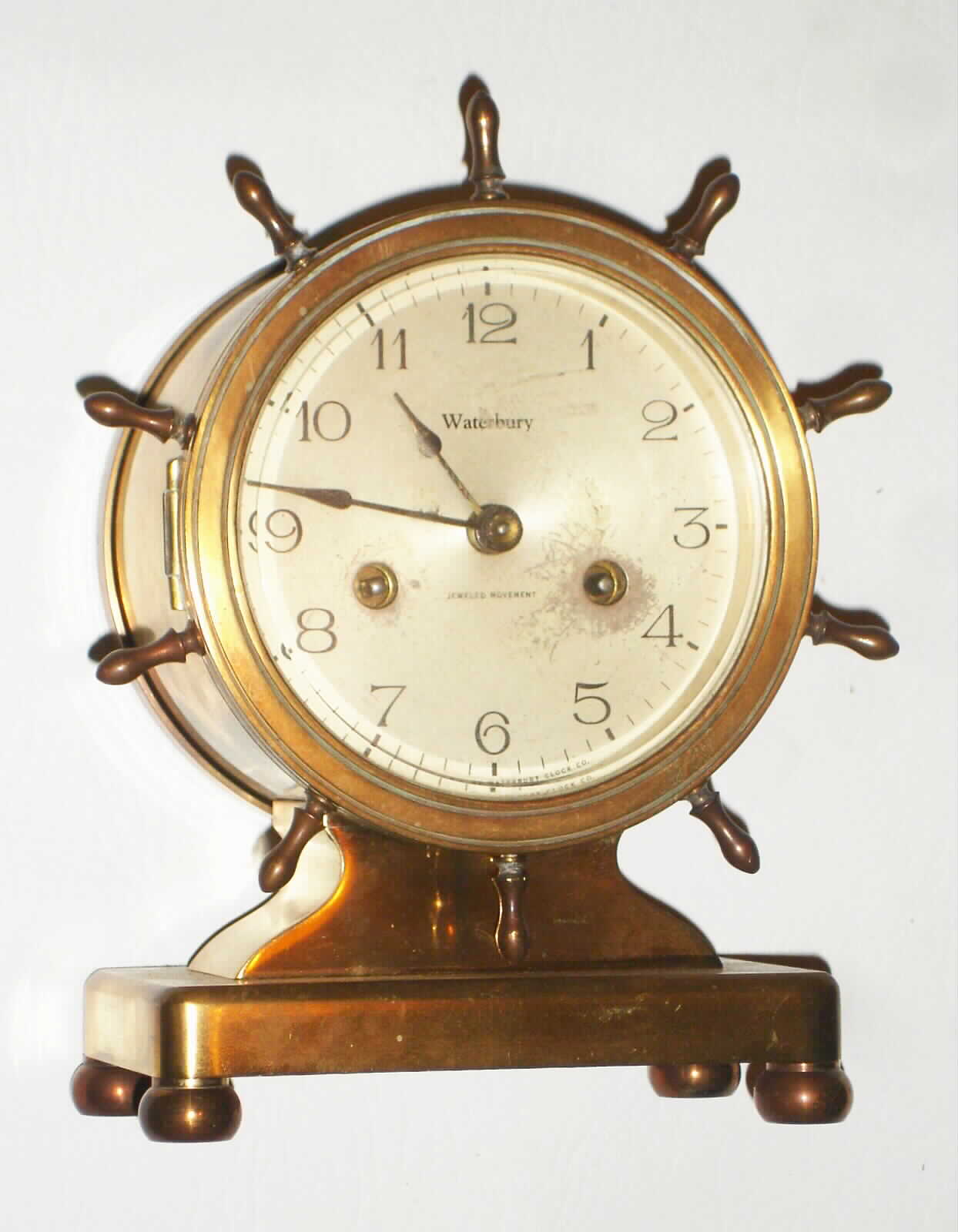 Waterbury Clock Co., Waterbury, Conn., "Ship's Bell No. 17" brass 8 day, time and strike marine clock, c1929 — Antique Clocks Price Guide