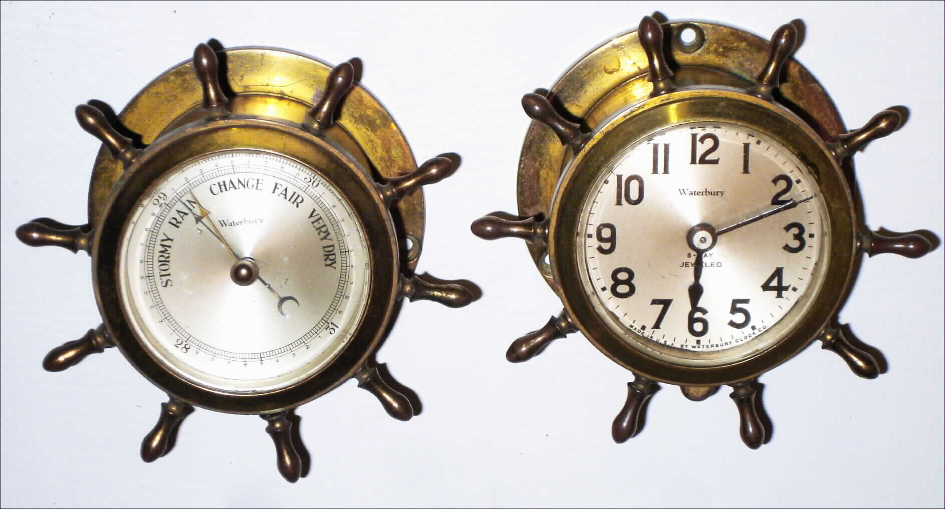 Waterbury Clock Co., Waterbury, Conn., "Motor Boat No. 2" brass 8 day marine time piece and matching barometer, c1929 — Antique Clocks Price Guide