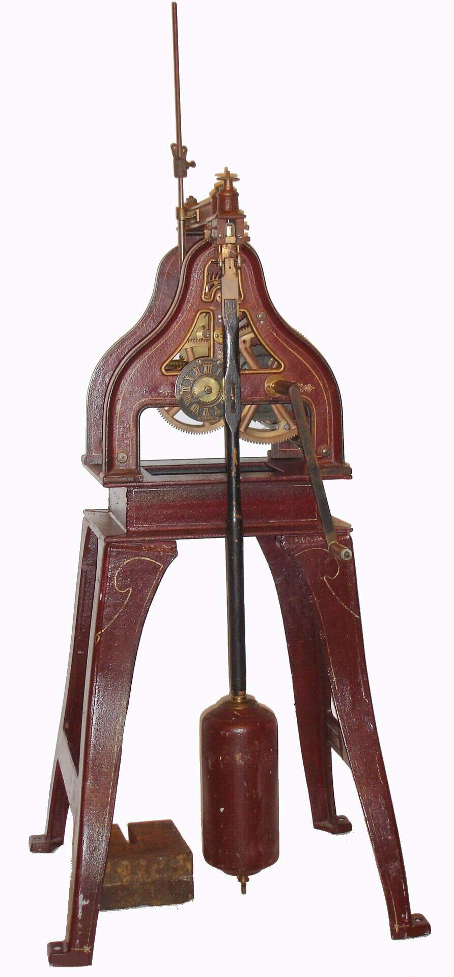 Seth Thomas Clock Co., "Tower Clock No. 6" Movement on another size stand, with winding crank and 2 smaller18-lb iron weights, pendulum length of 48" and iron bob weight of 75 pounds, c1890 — Antique Clocks Price Guide