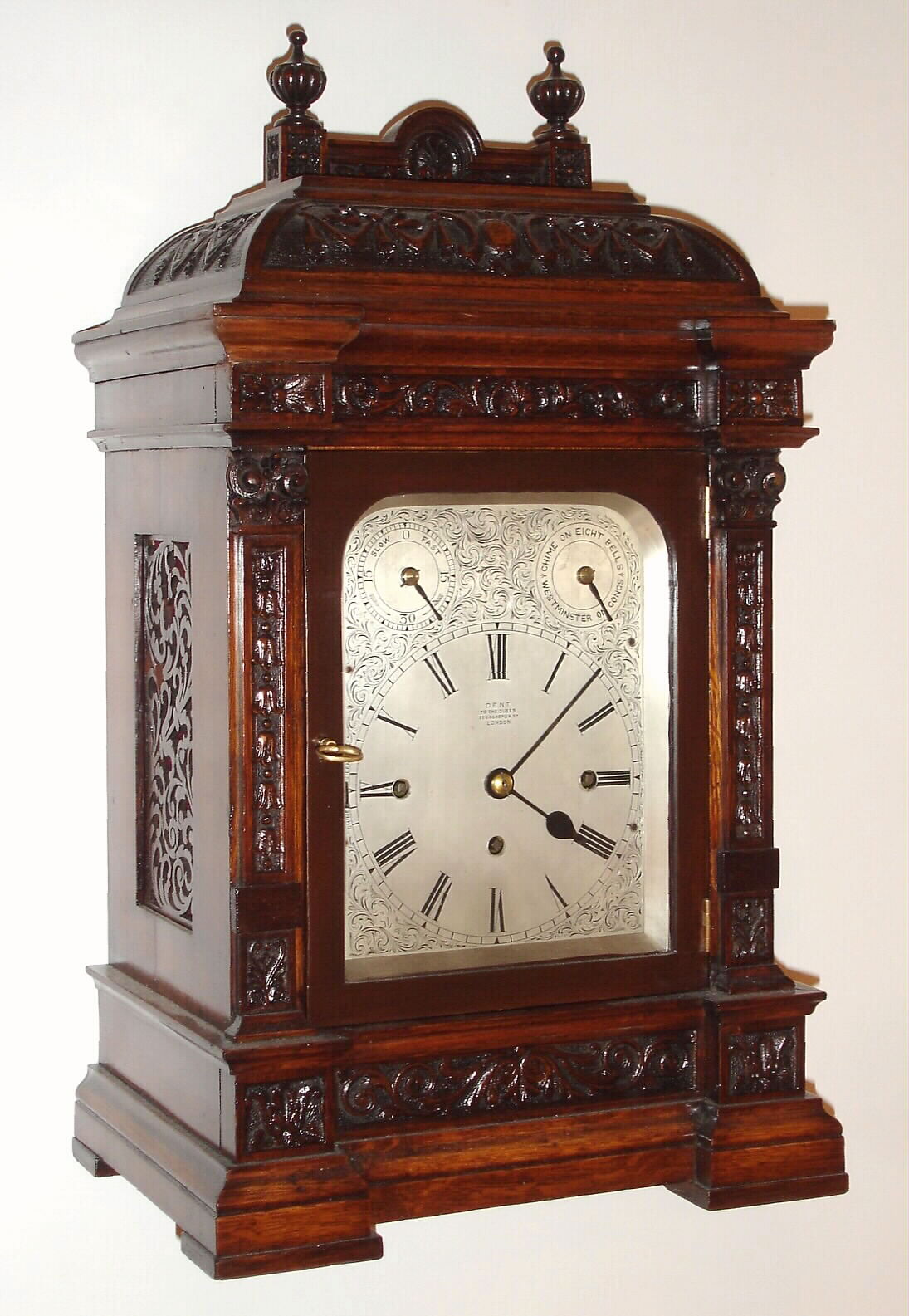 English, by a premier maker (probably Smith and Sons), for DENT, clockmaker to the Queen, 33 Cockspur St, London, 3-fusee bracket clock, chiming the quarters on choice Whittington-8-bells, or Westminster on 4 gongs, and counting the hours on a large flat wire cathedral gong, with an engraved and silvered dial, c1890 — Antique Clocks Price Guide