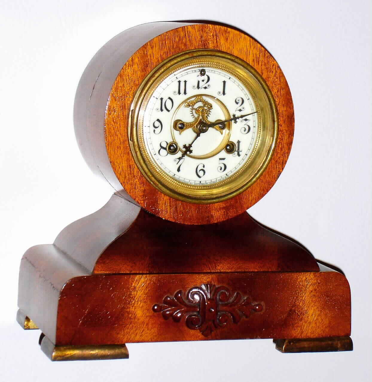 Waterbury Clock Co., Waterbury, Conn., mahogany 8 day, time and strike tambour mantel clock, c1910 — Antique Clocks Price Guide