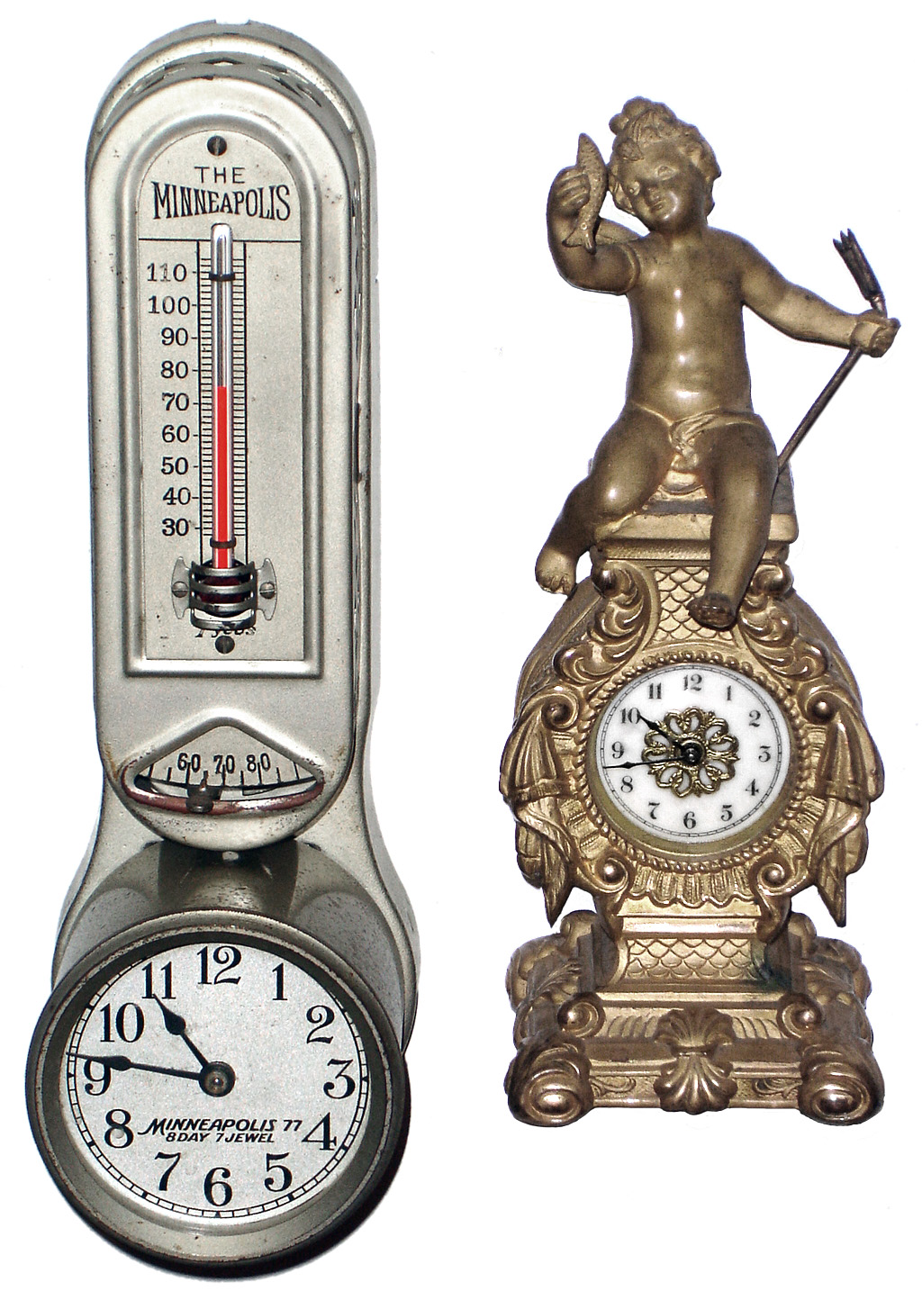 Clocks- 2 (Two) Waterbury "Hit" gold plated 30 hour novelty time piece; Minneapolis "77" 8 day furnace clock; early 20th century — Antique Clocks Price Guide